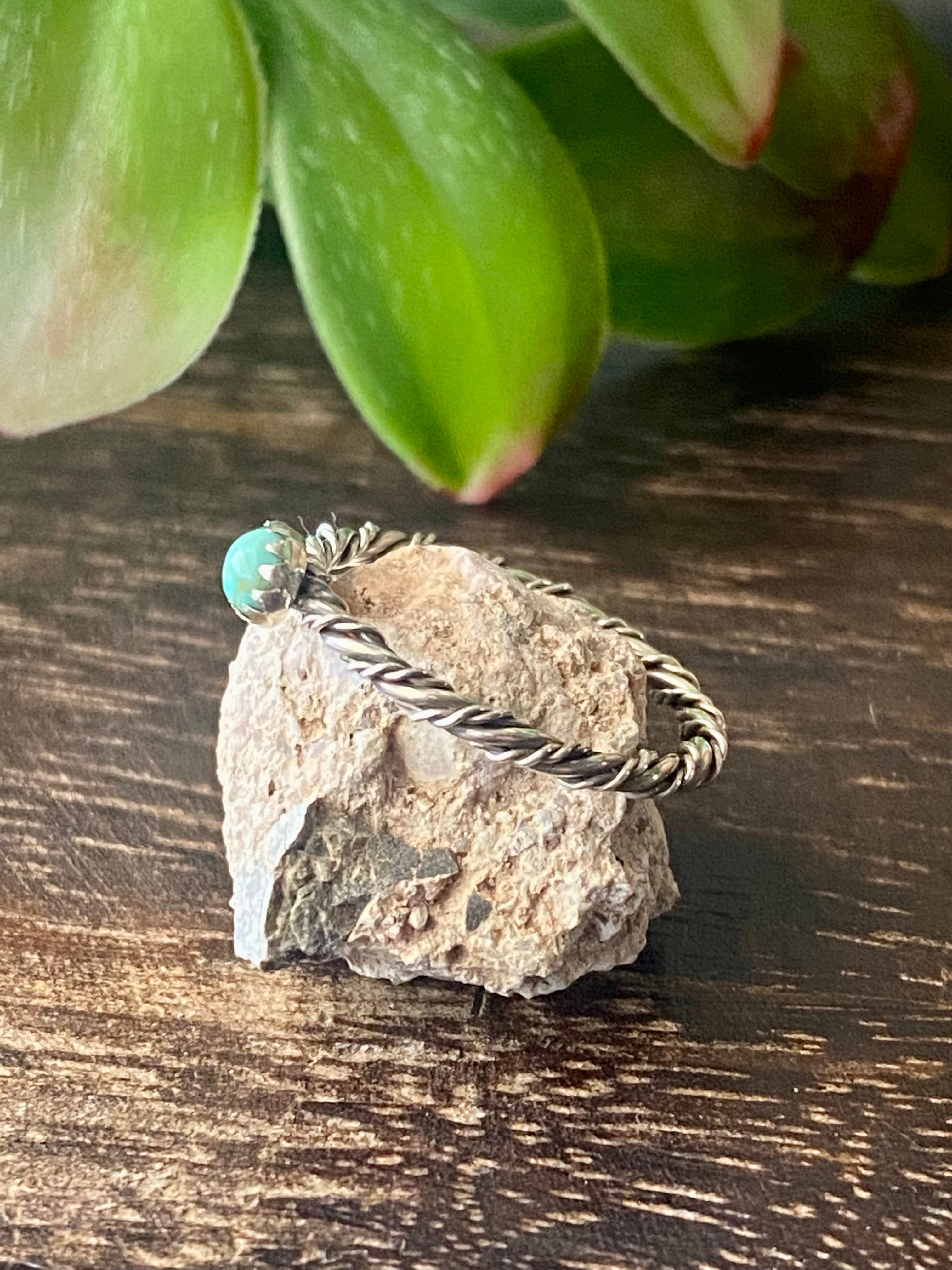Navajo Made Turquoise & Sterling Silver Rope Ring Size 6.75