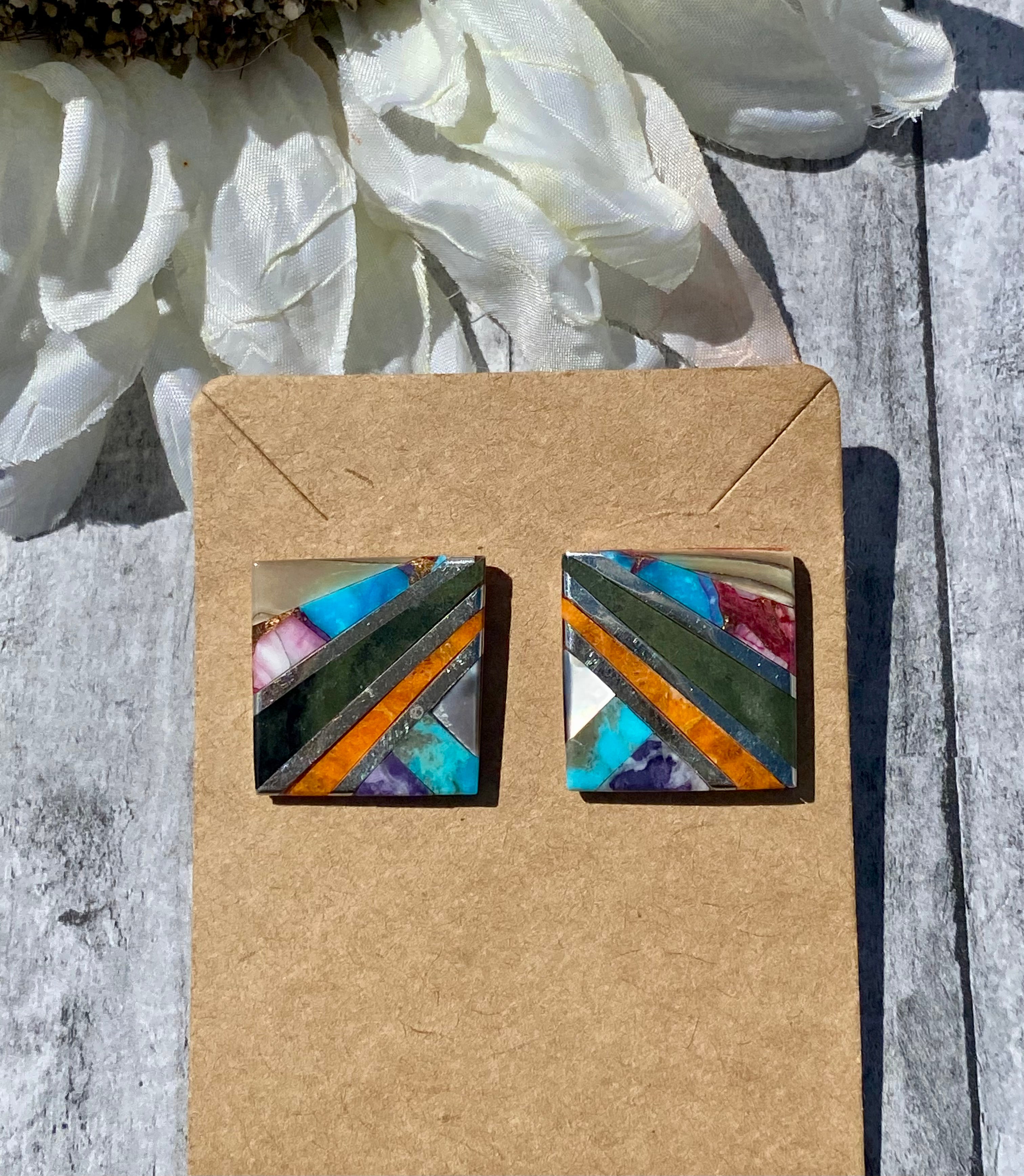 Navajo Made Multi Stone & Sterling Silver Inlay Post Earrings