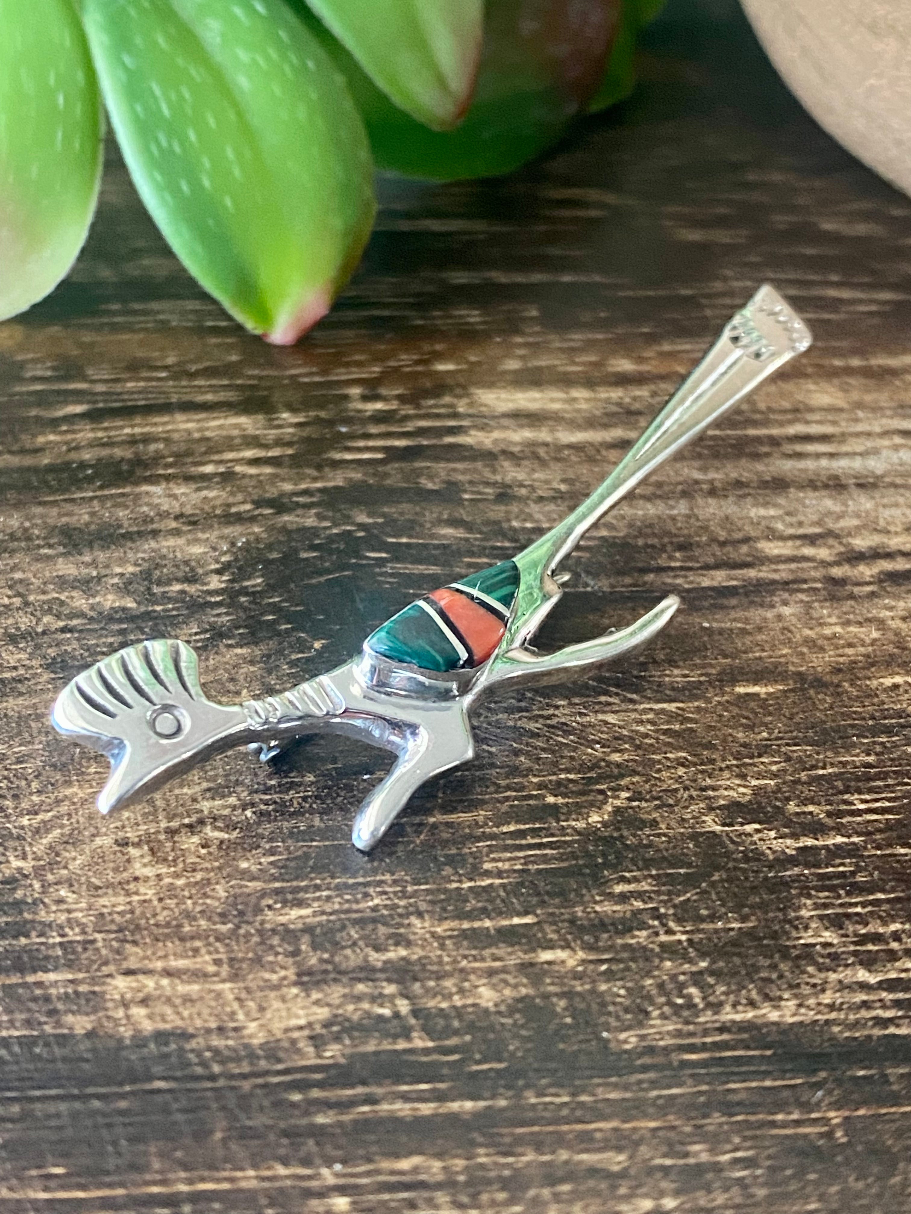 Navajo Made Multi Stone & Sterling Silver Inlay Roadrunner Pin