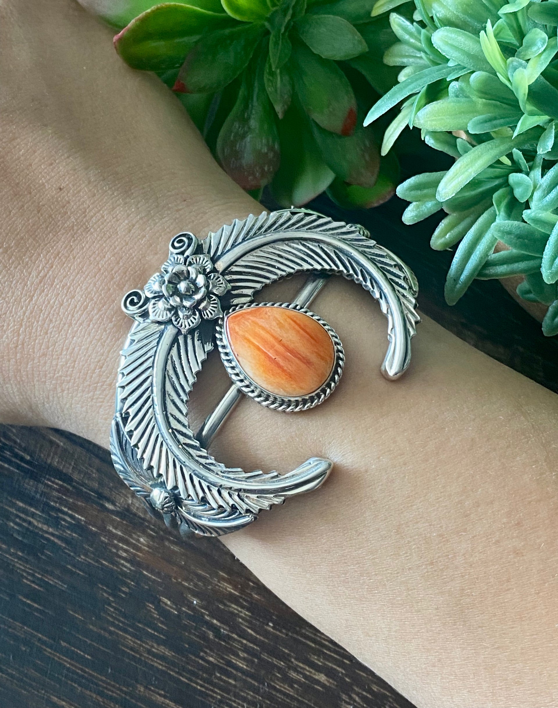 Navajo Made Spiny Oyster & Sterling Silver Naja Cuff Bracelet