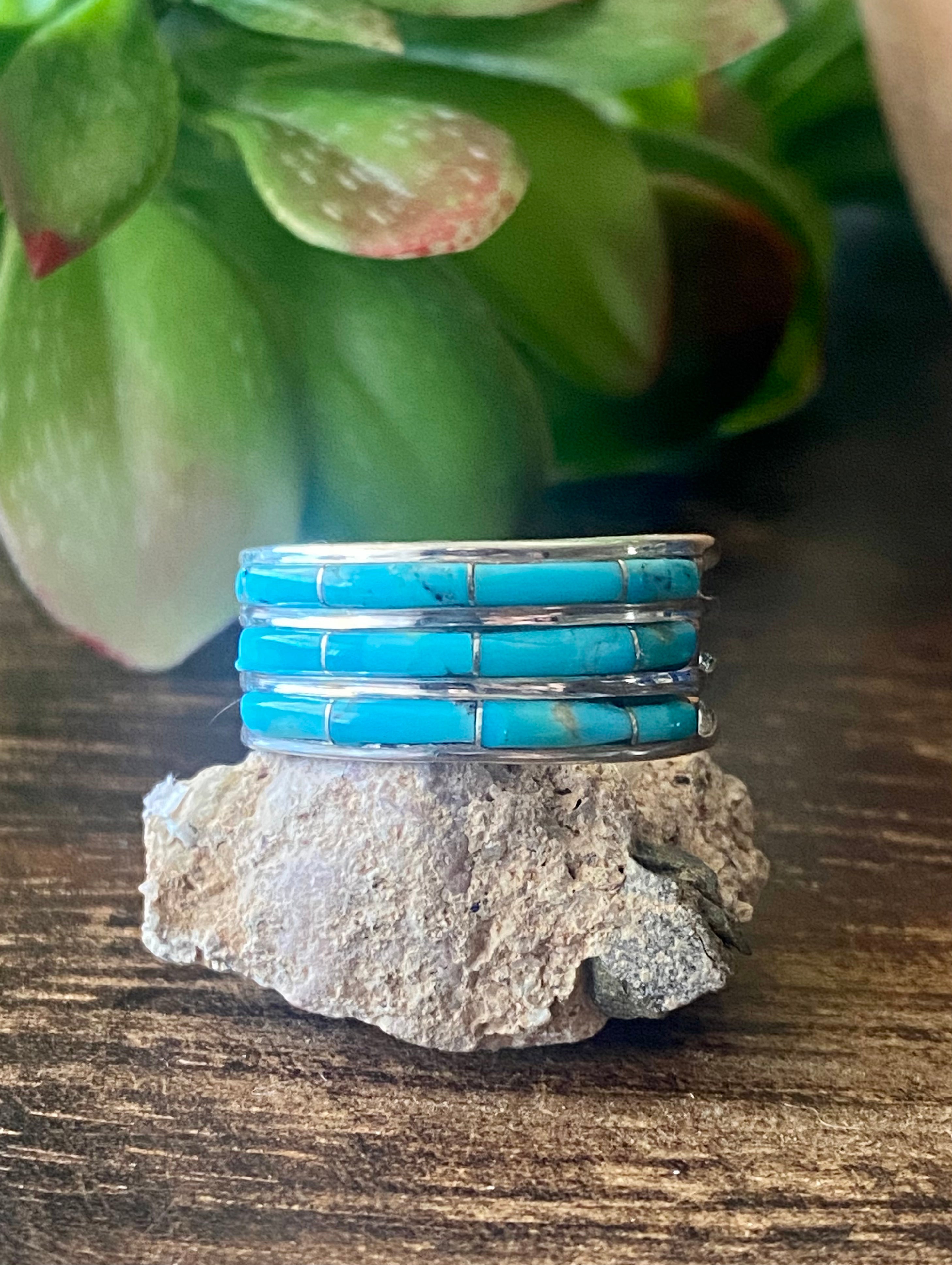 Navajo Made Kingman Turquoise & Sterling Silver Inlay Ring Size 10.25