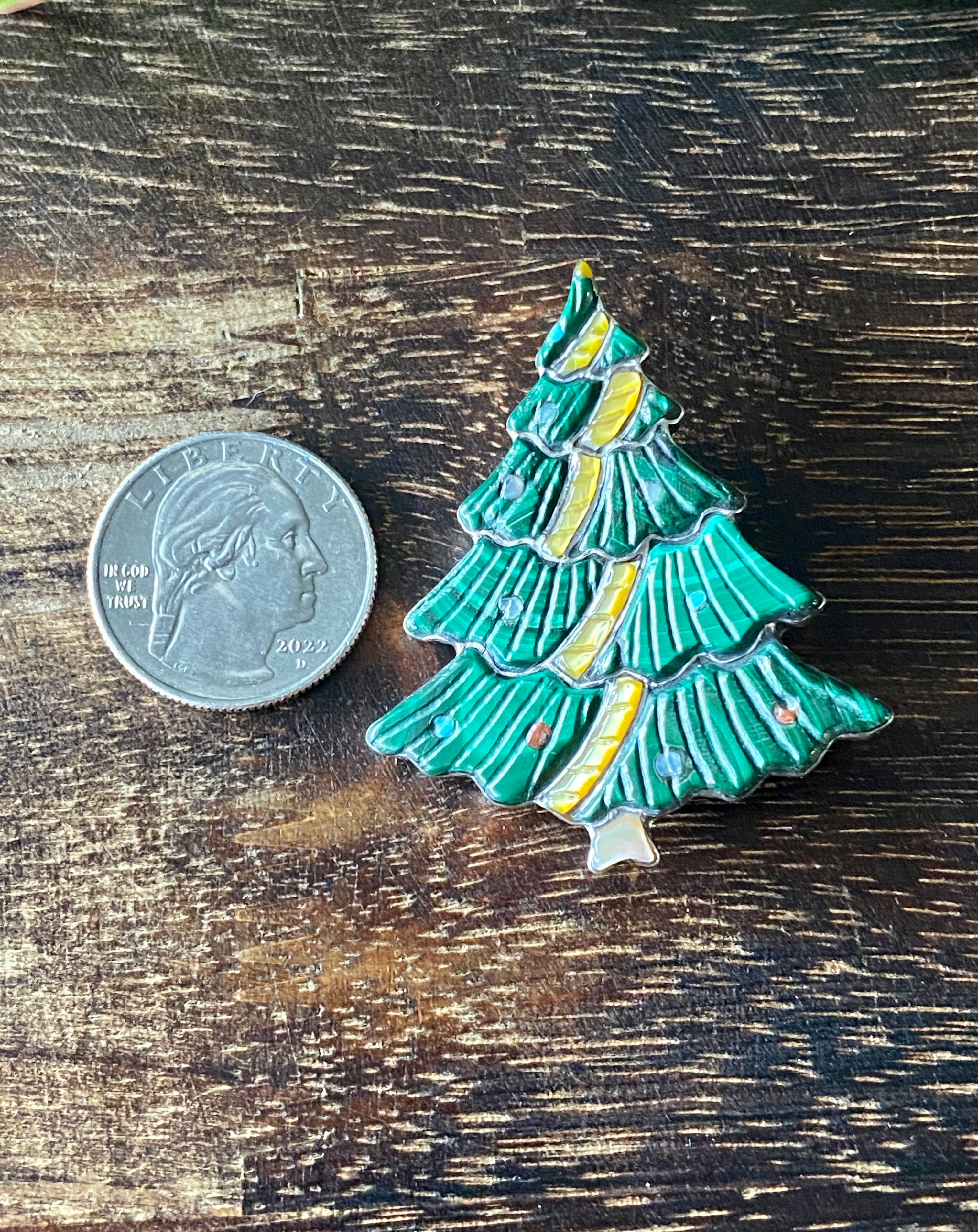 Navajo Made Multi Stone & Sterling Silver Inlay Christmas Tree Pin/Pendant