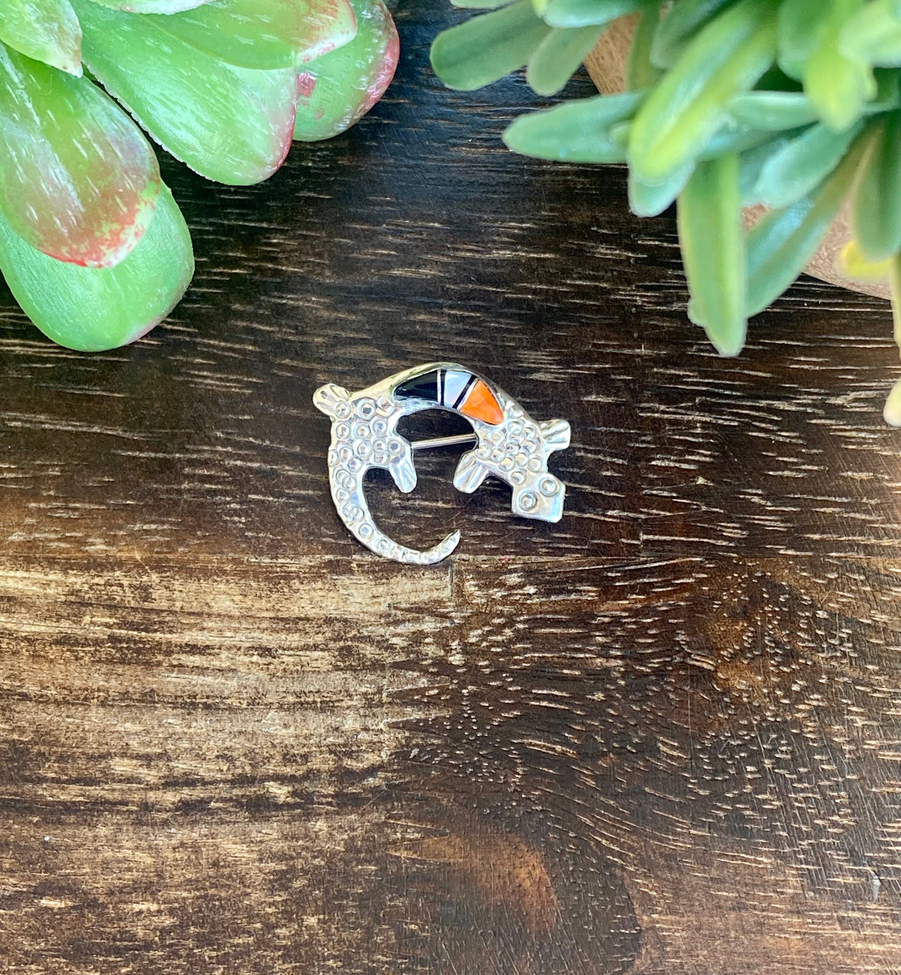 Navajo Made Multi Stone & Sterling Silver Inlay Lizard Pin