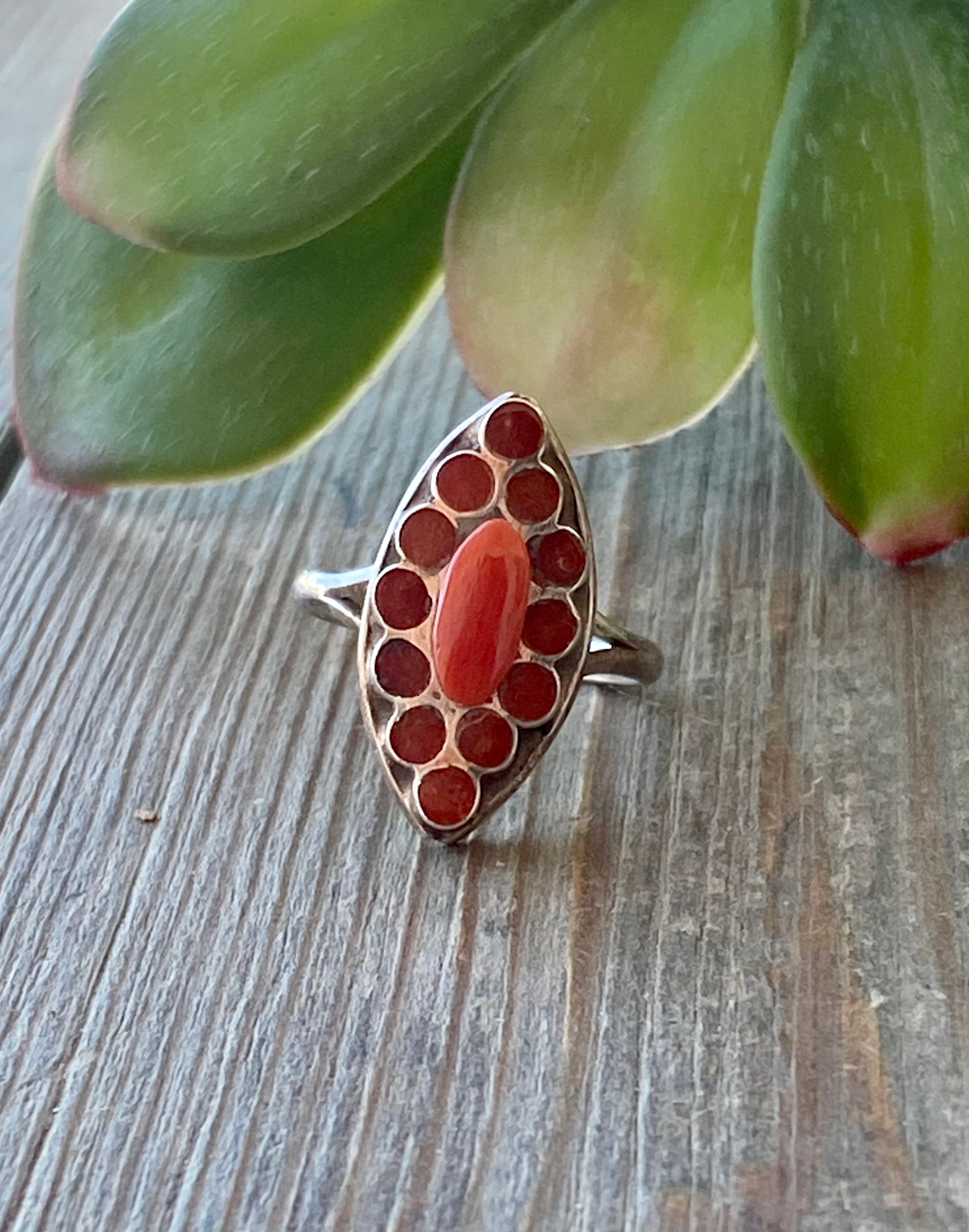 Zuni Made Coral & Sterling Silver Inlay Ring Size 6.5