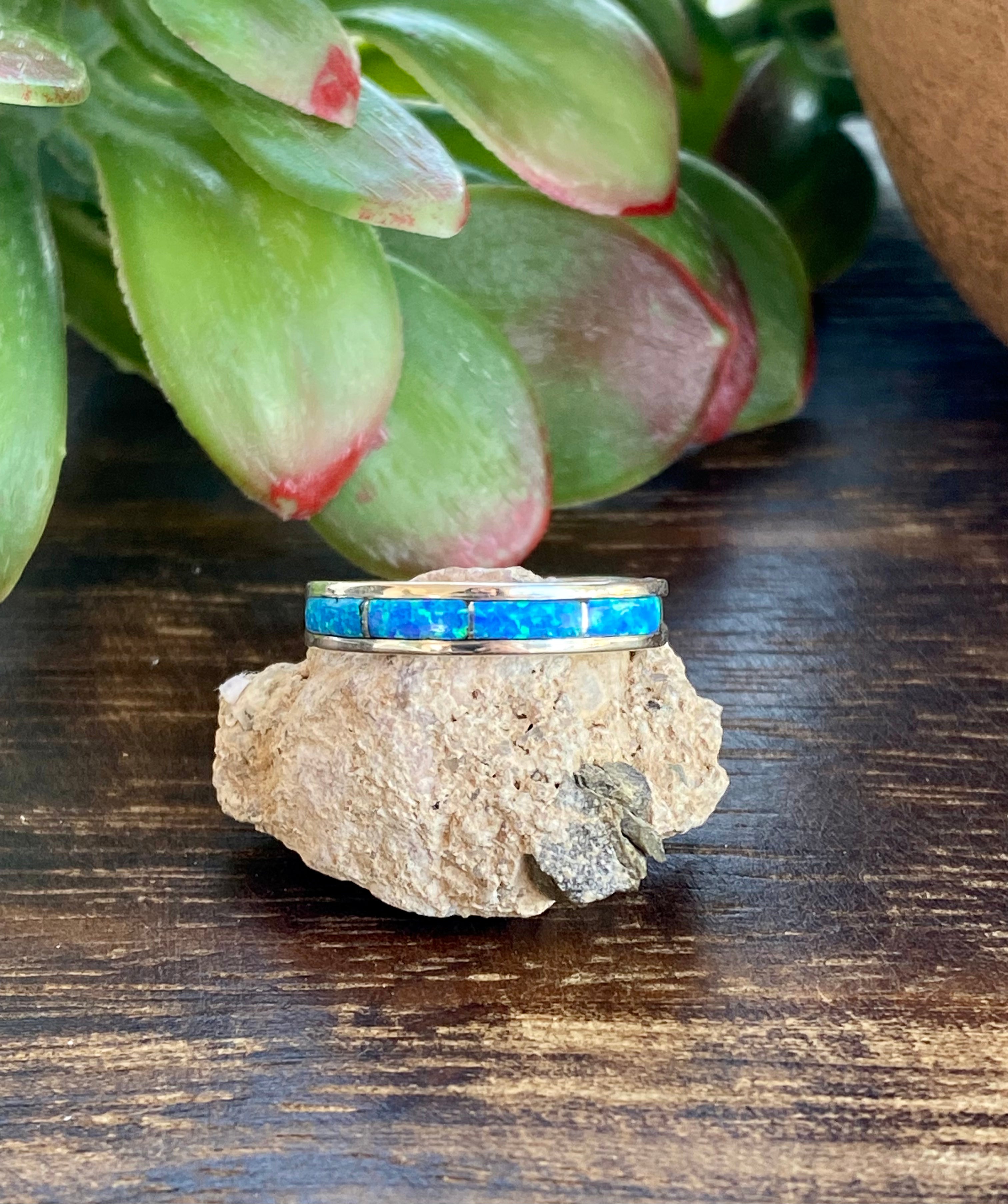 Navajo Made Blue Opal & Sterling Silver Inlay Ring Size 8