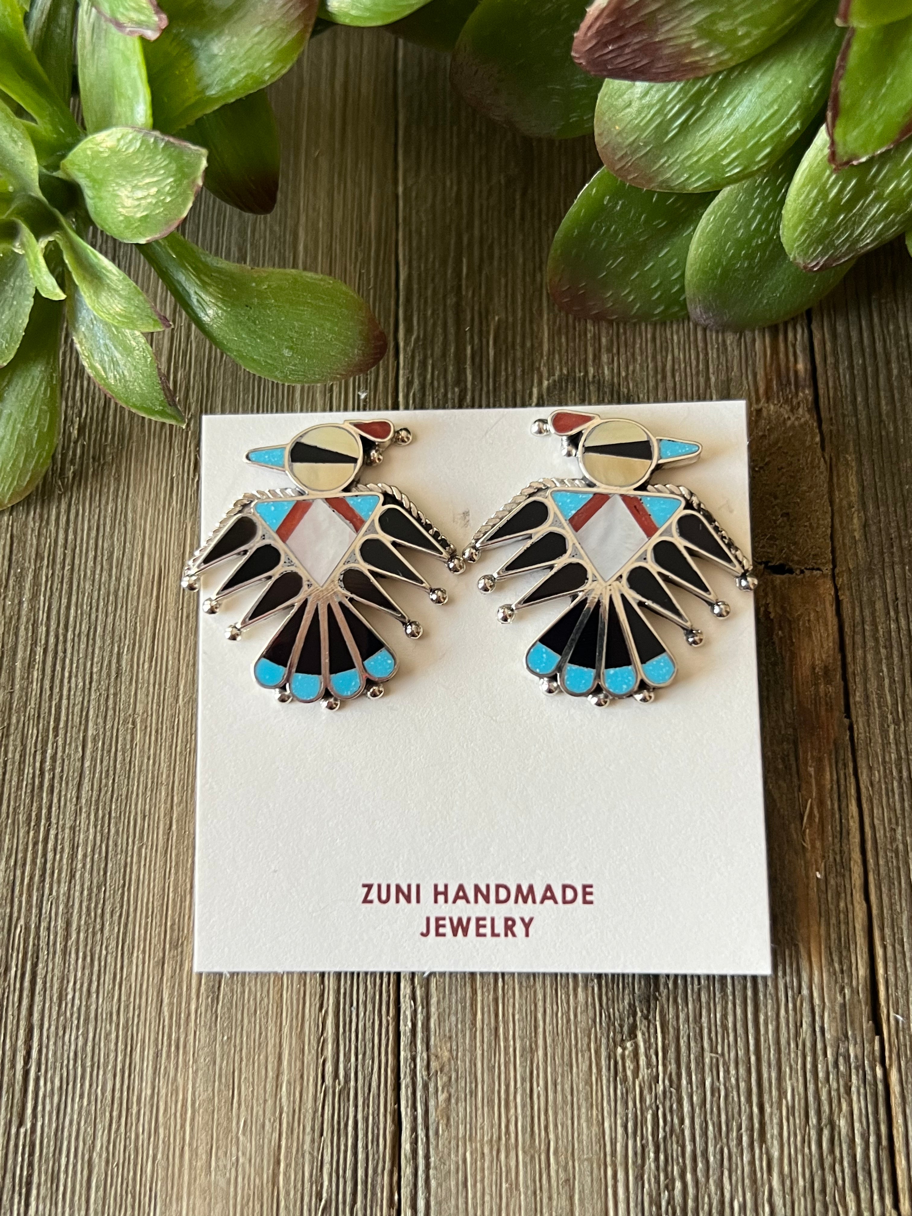 Zuni Made Multi Stone & Sterling Silver Inlay Thunderbird Post Earrings