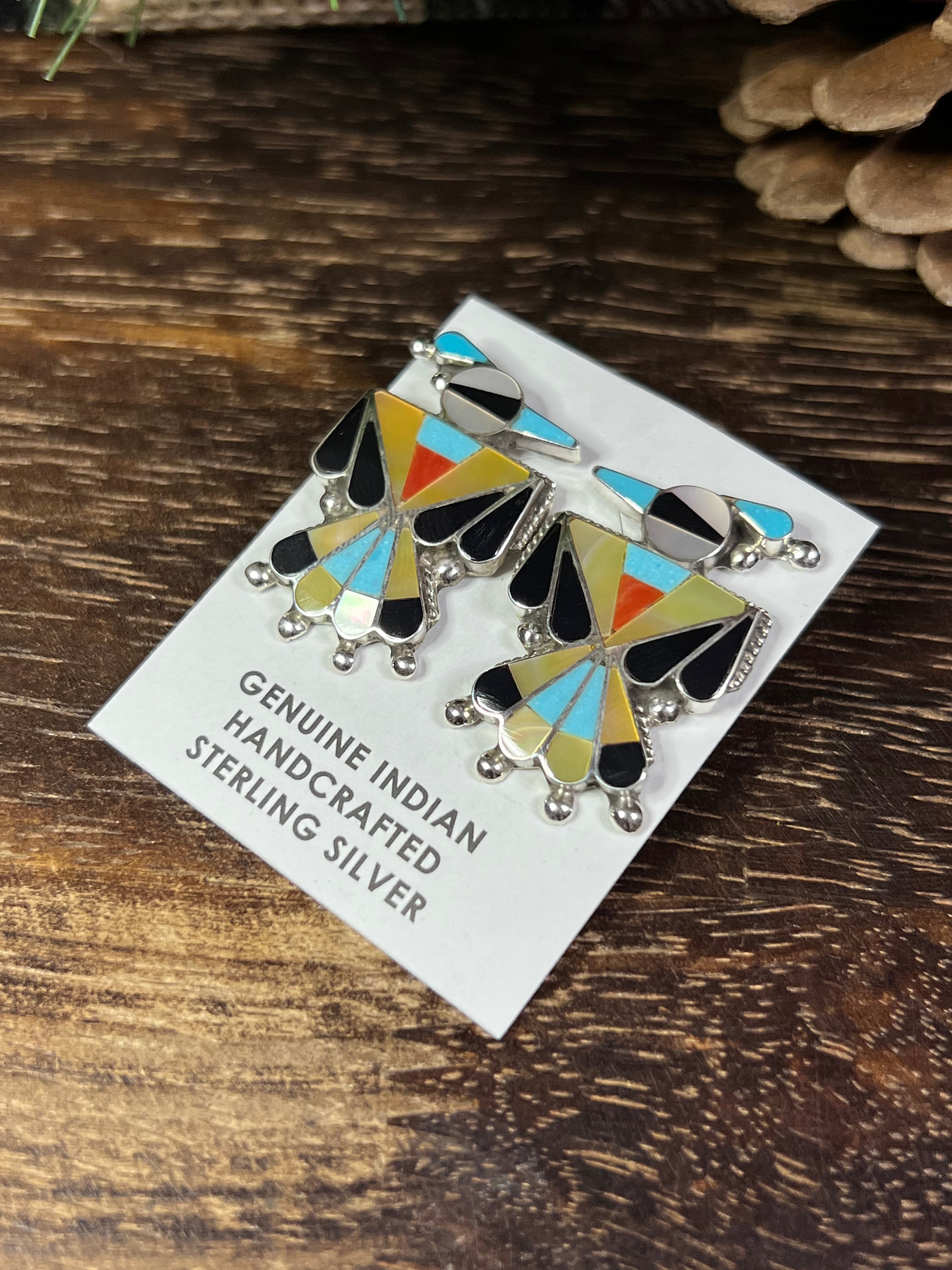 Zuni Made Multi Stone & Sterling Silver Inlay Thunderbird Post Earrings