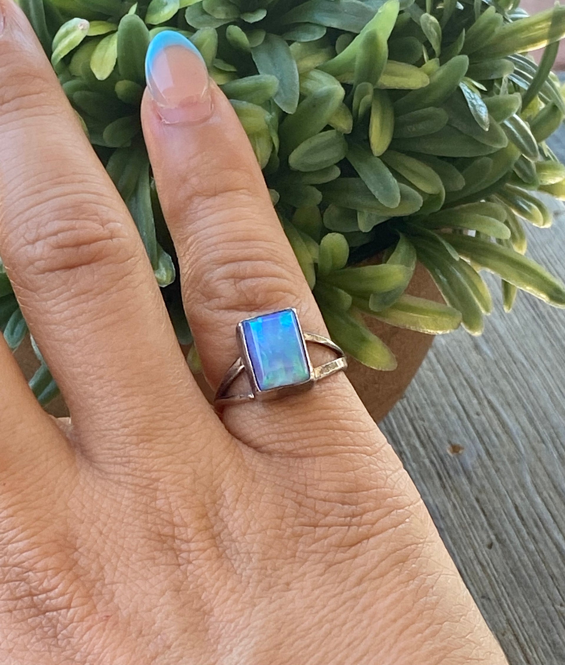 Navajo Made Blue Opal & Sterling Silver Ring Size 6.75