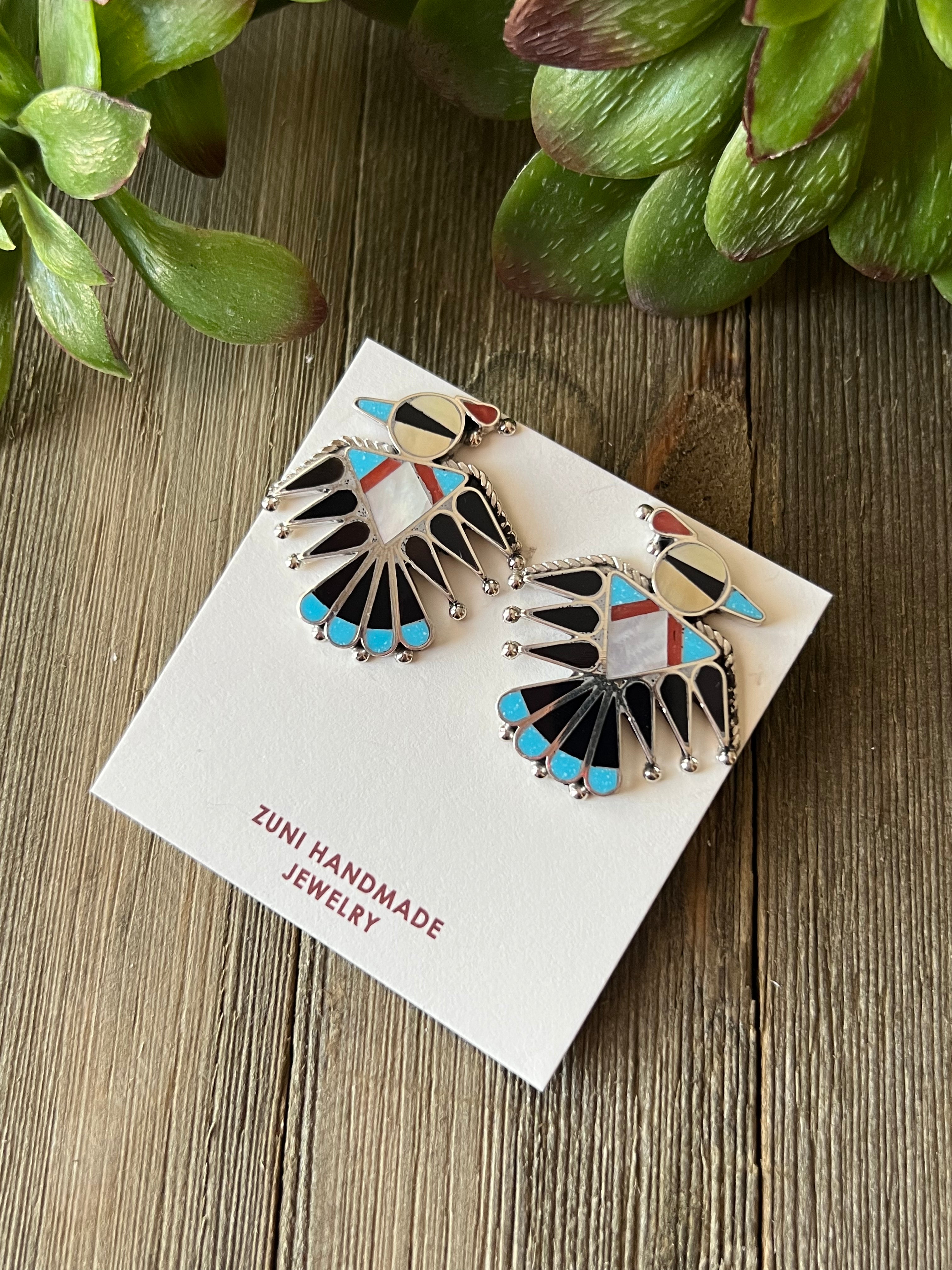 Zuni Made Multi Stone & Sterling Silver Inlay Thunderbird Post Earrings
