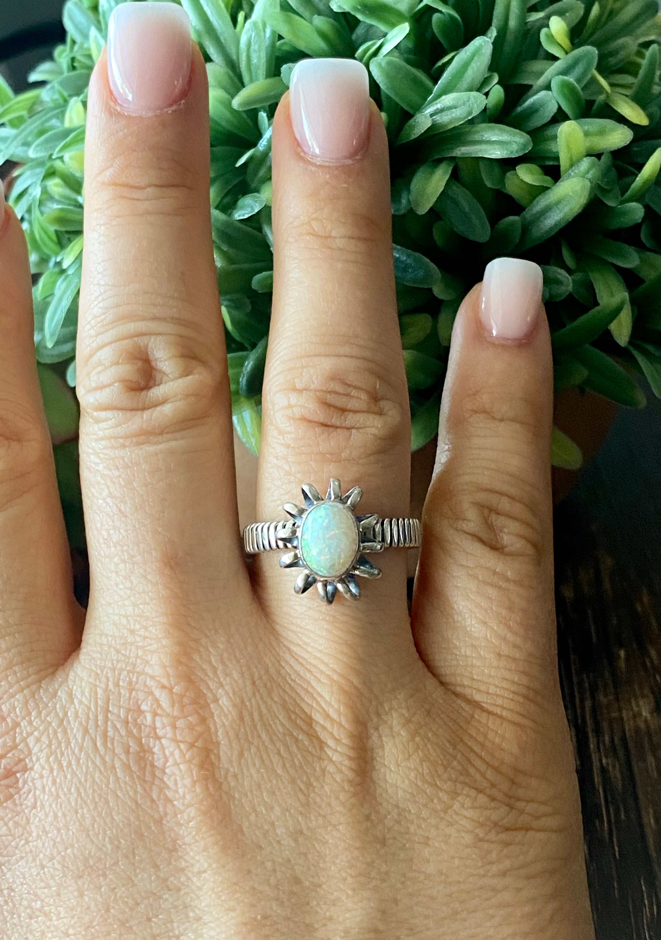 Navajo Made White Opal & Sterling Silver Ring Size 9.5