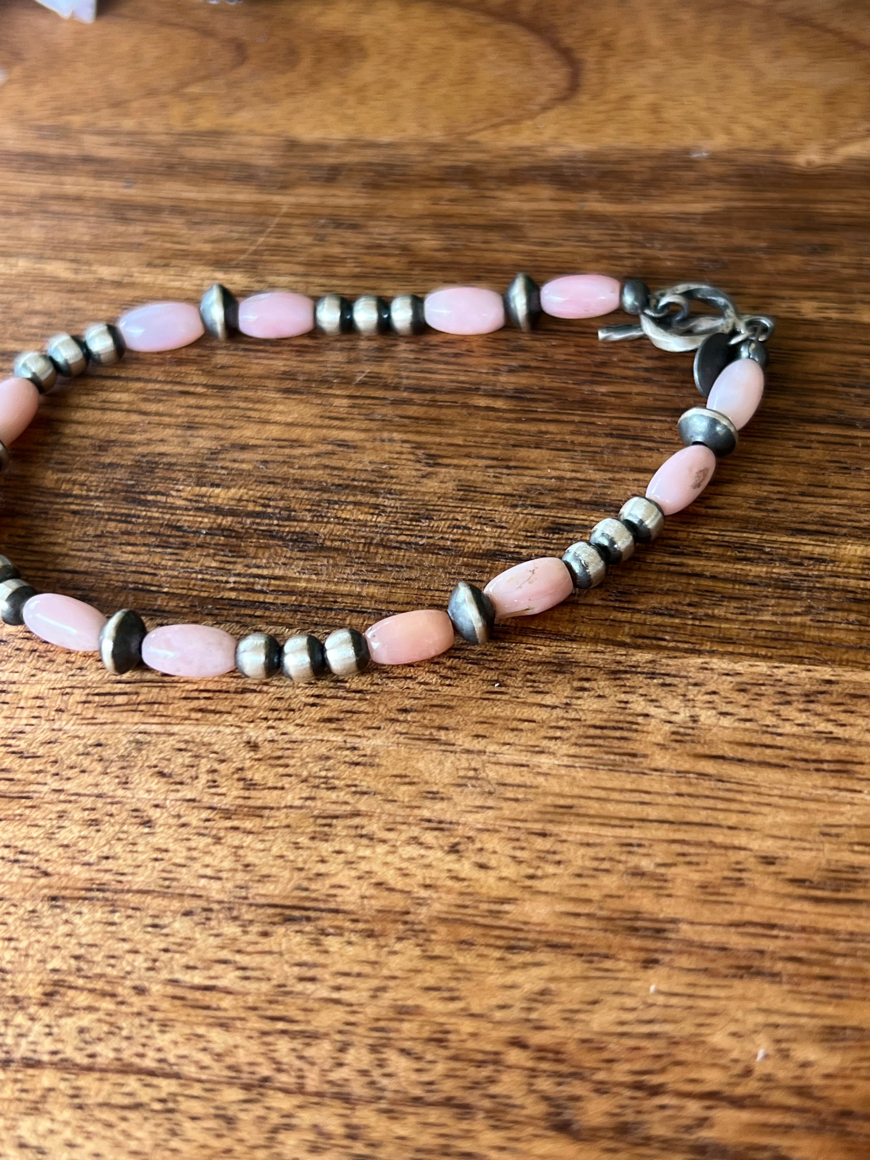 Navajo Strung Pink Coral & Sterling Silver Graduated Pearl Bracelet