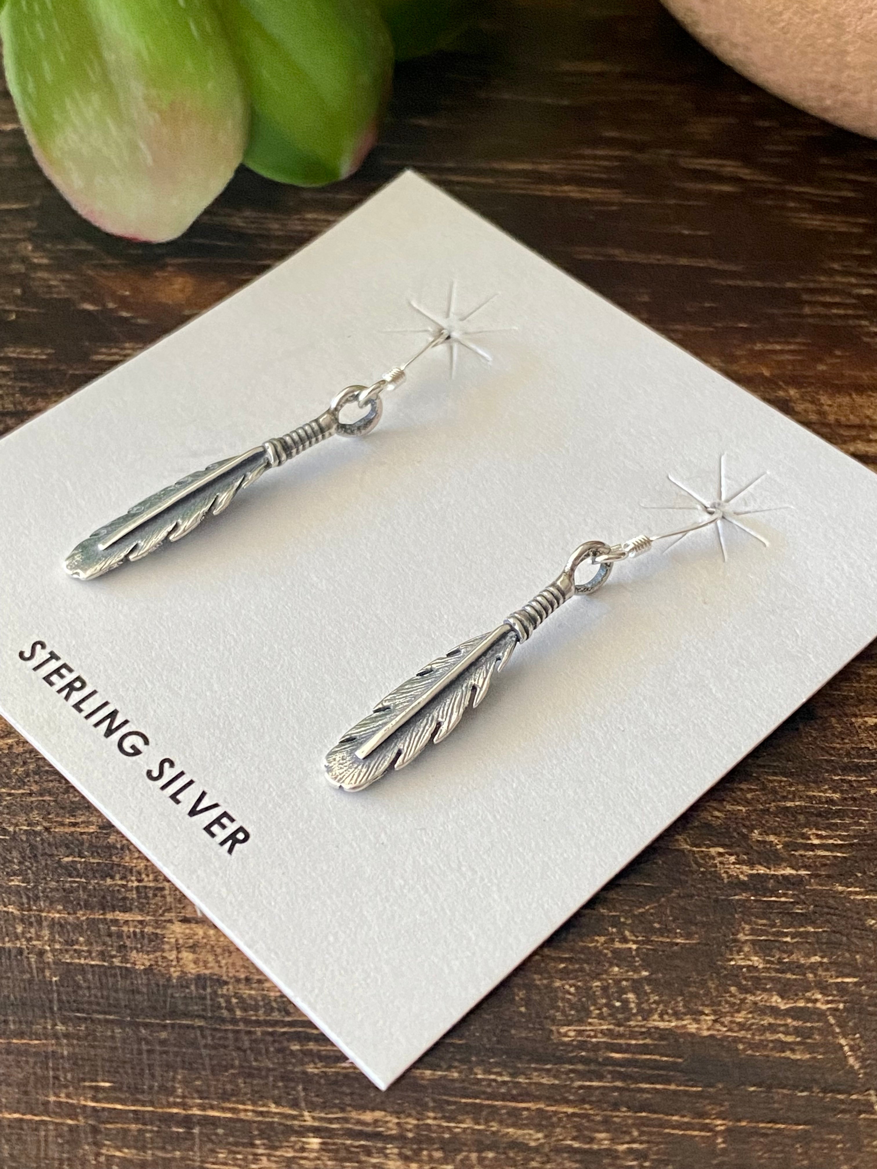 Navajo Made Sterling Silver Feather Dangle Earrings