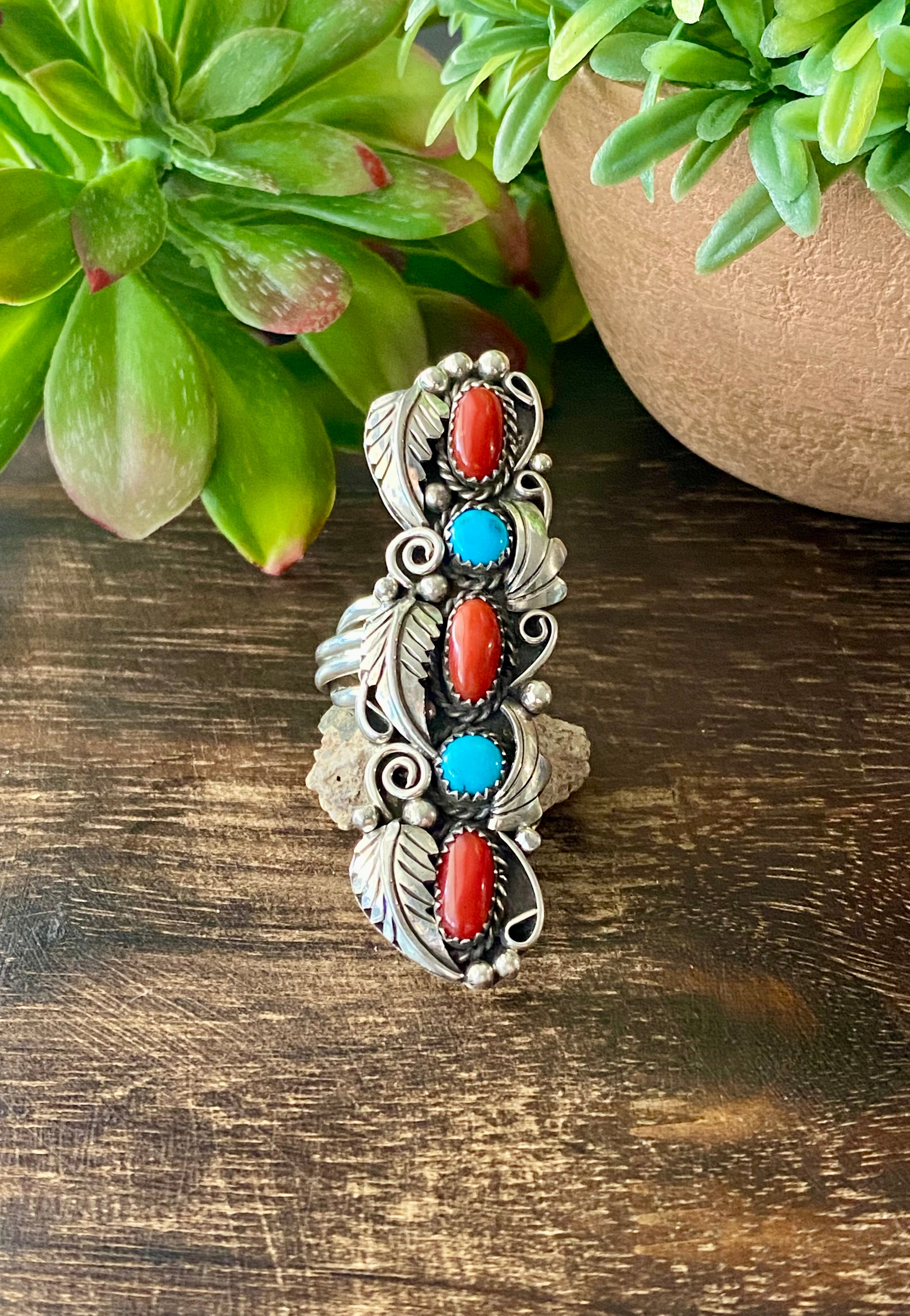 Navajo Made Kingman Turquoise & Coral Sterling Silver Adjustable Ring Size 8.5