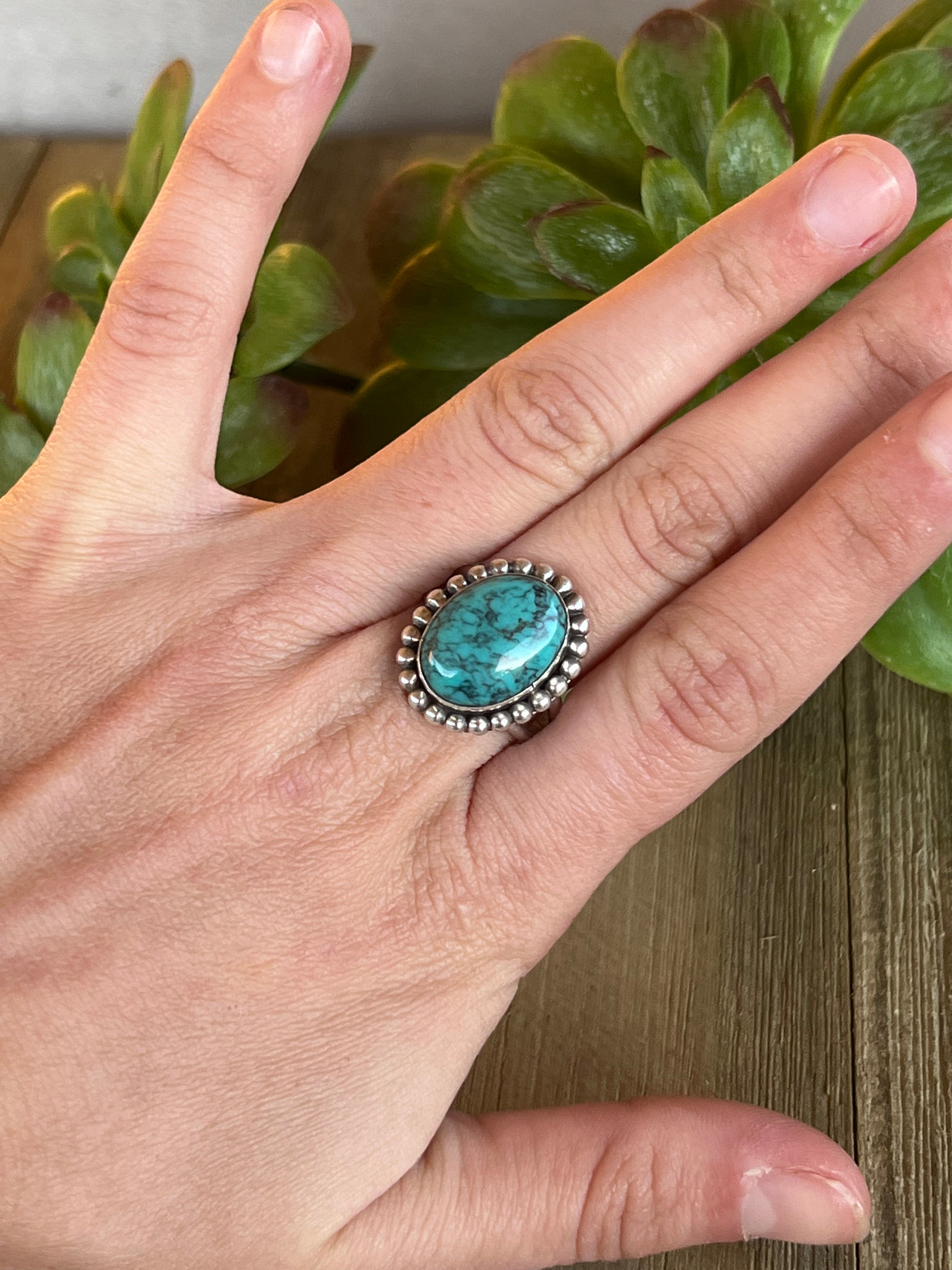 Navajo Made Kingman Turquoise & Sterling Silver Ring Size 9.25