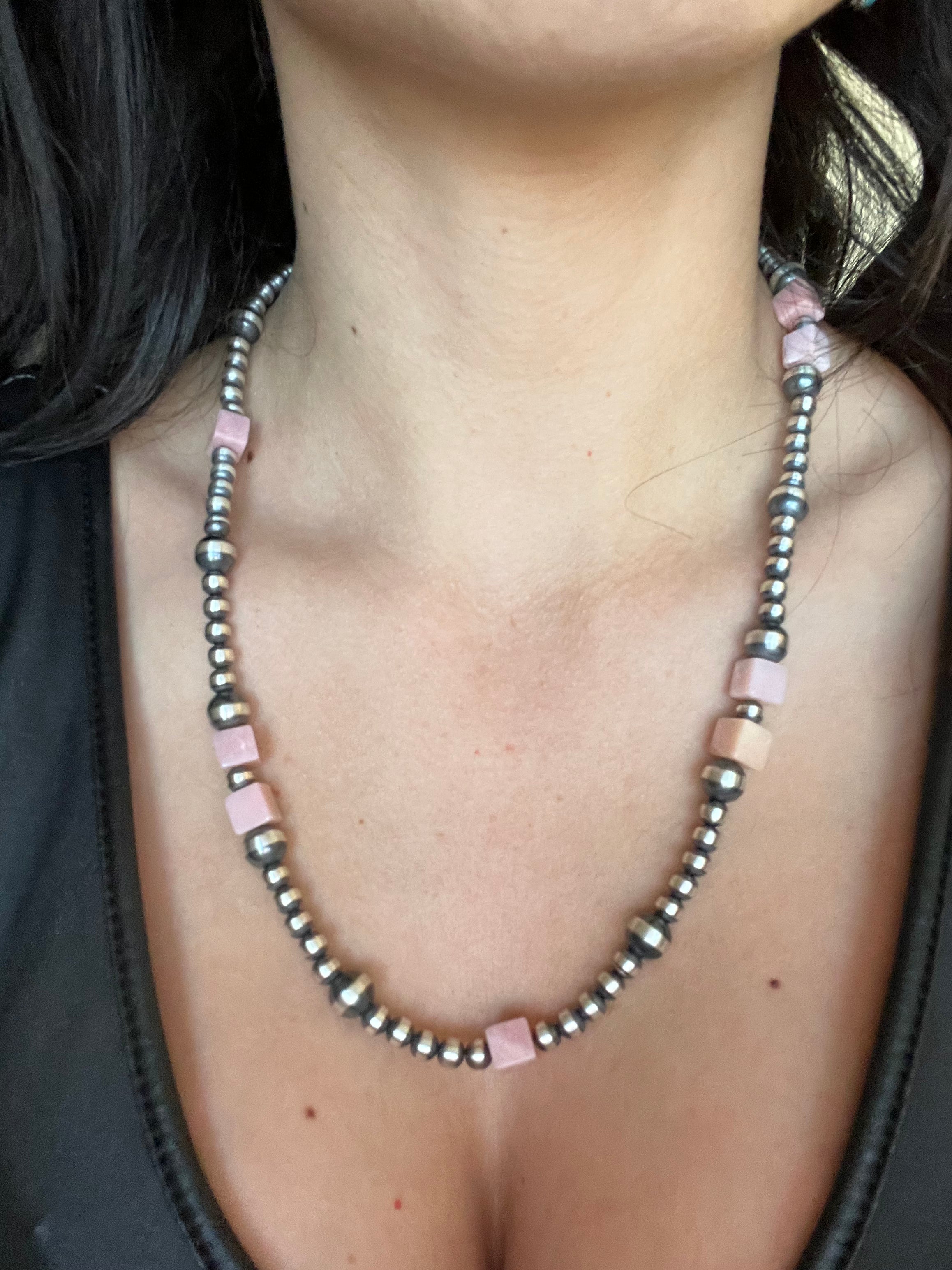 Navajo Pink Coral & Sterling Silver Graduated Pearl Necklace