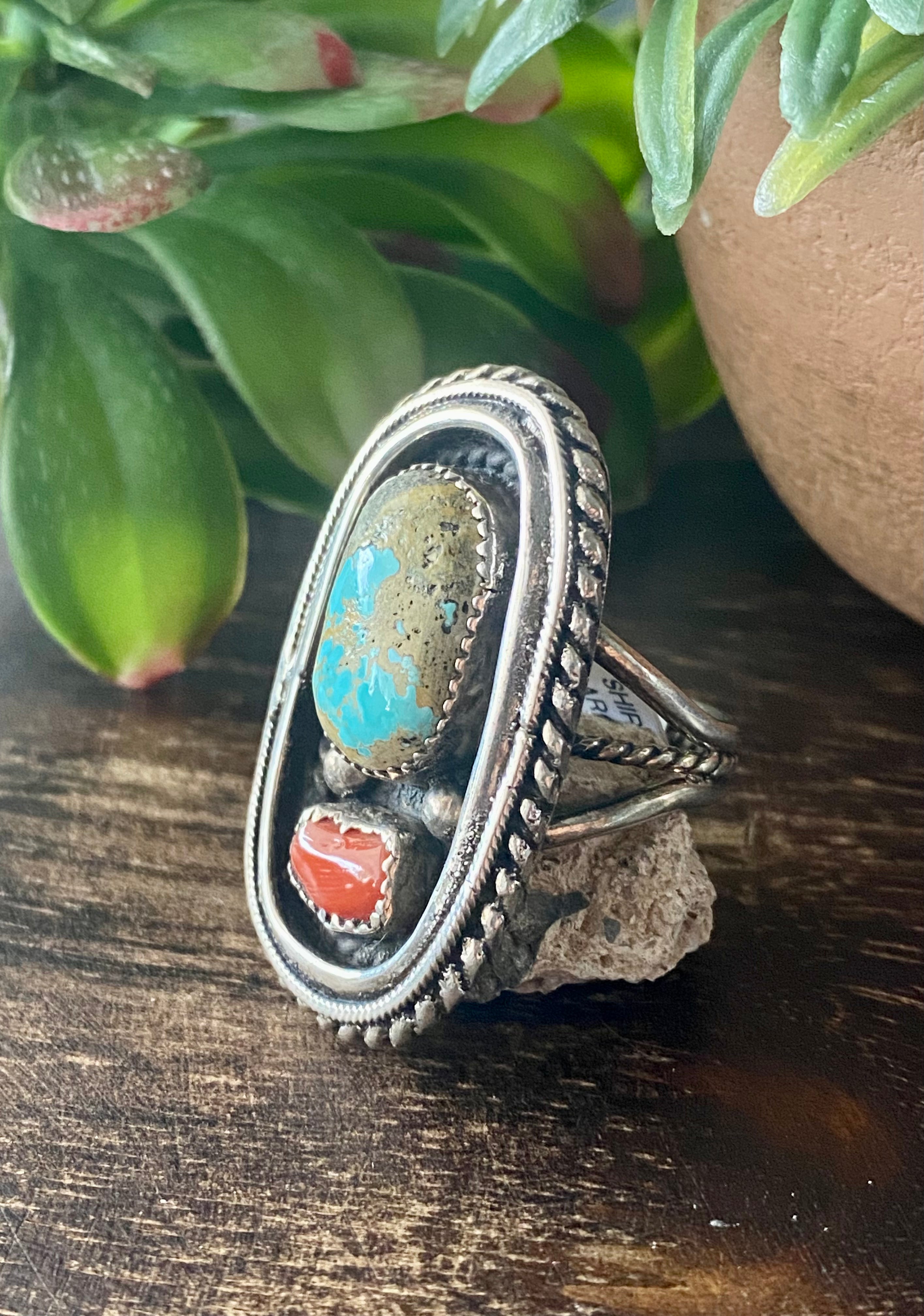 Shirley Largo Turquoise & Coral Sterling Silver Ring Size 10.5