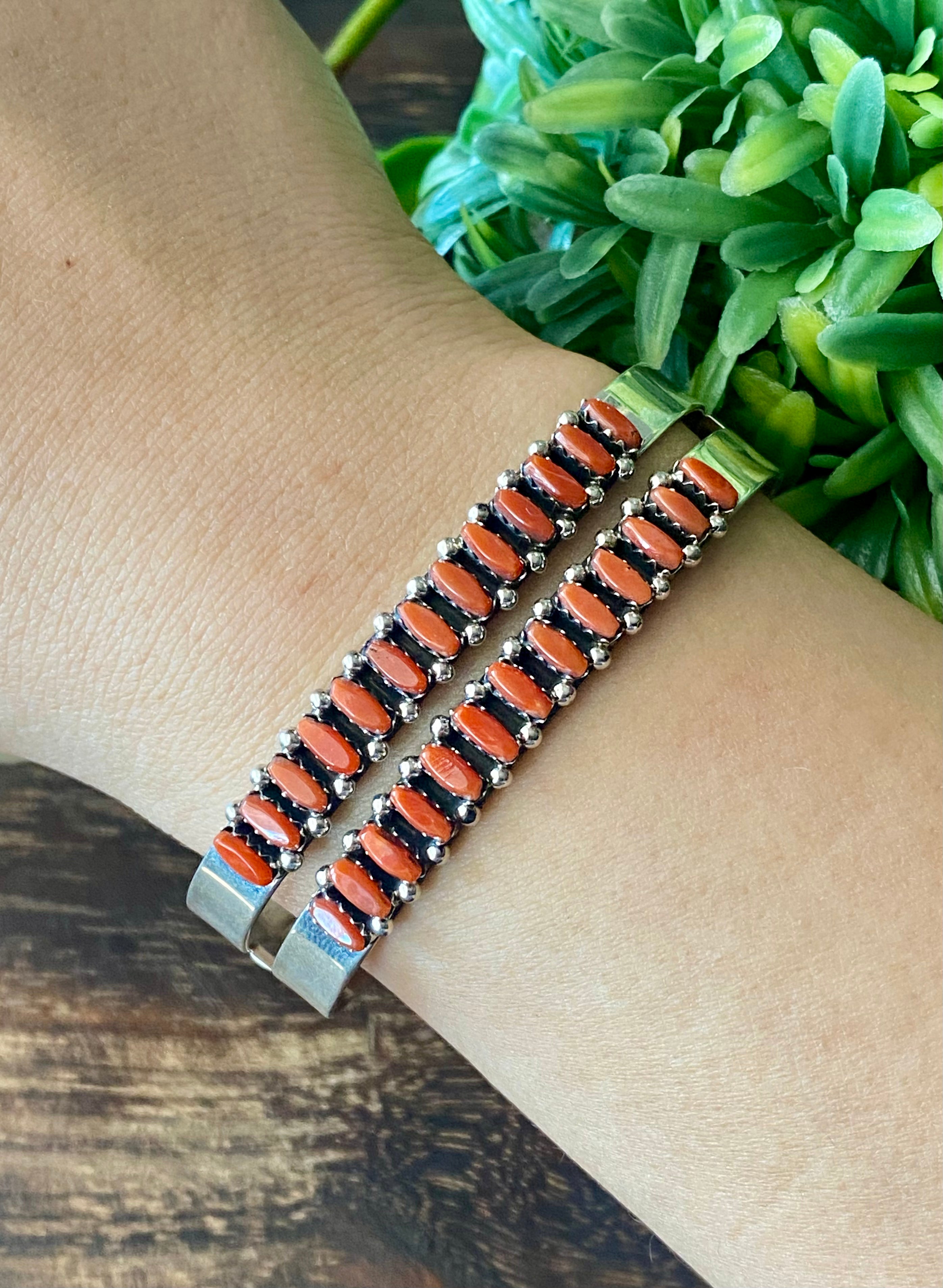 Zuni Made Coral & Sterling Silver Needlepoint Cuff Bracelet