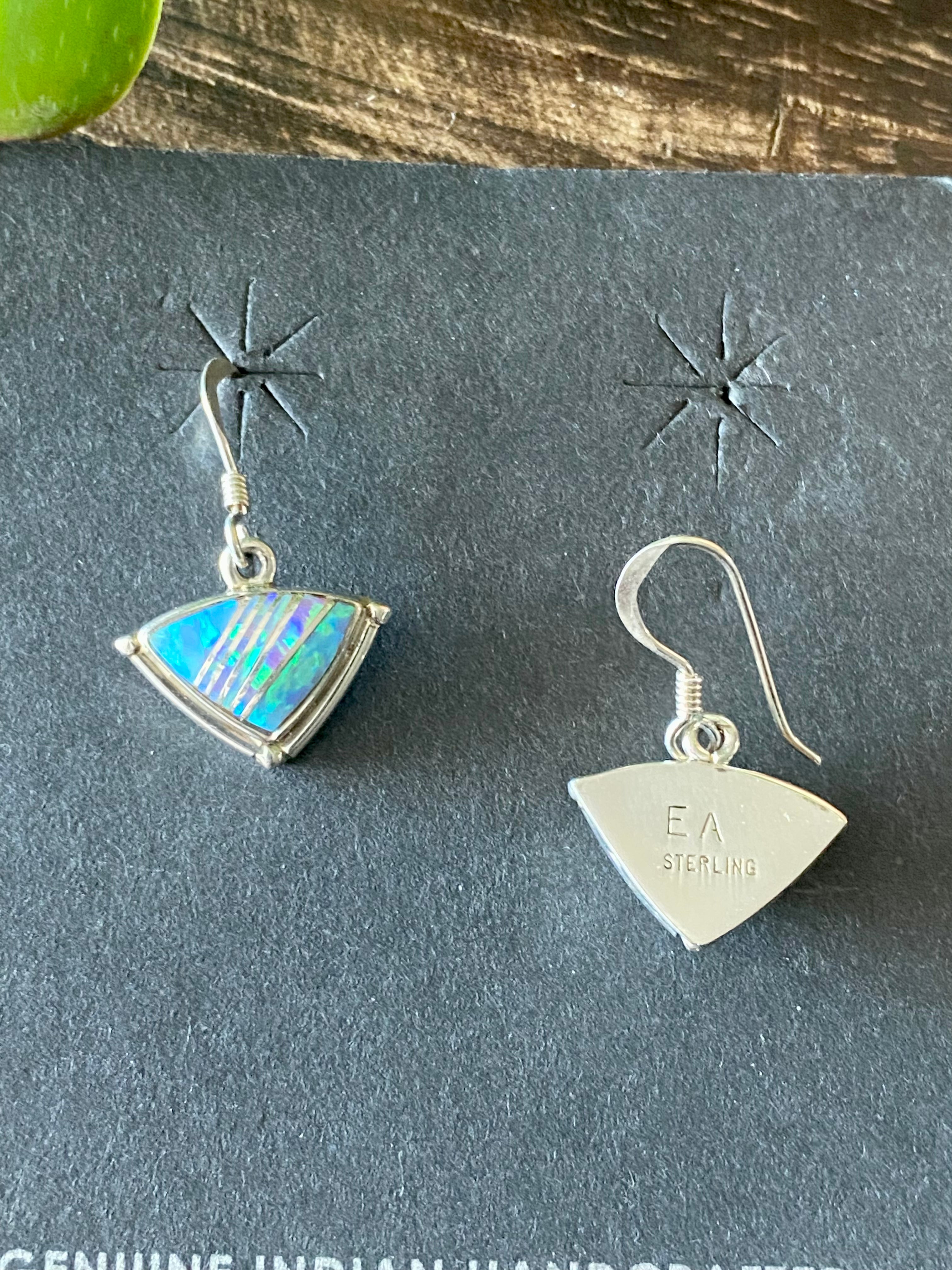 Navajo Made Opal & Sterling Silver Inlay Dangle Earrings