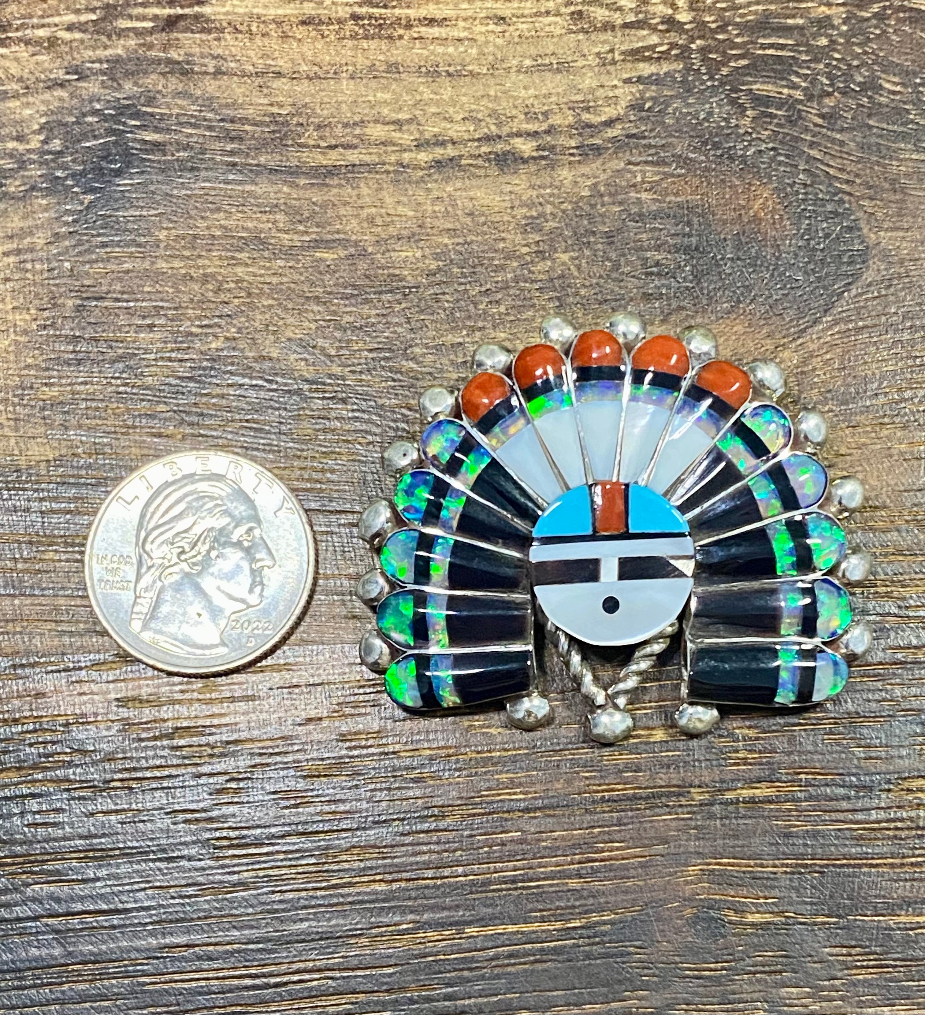 Vintage Zuni Made Multi Stone & Sterling Silver Inlay Sunface Pin/Pendant