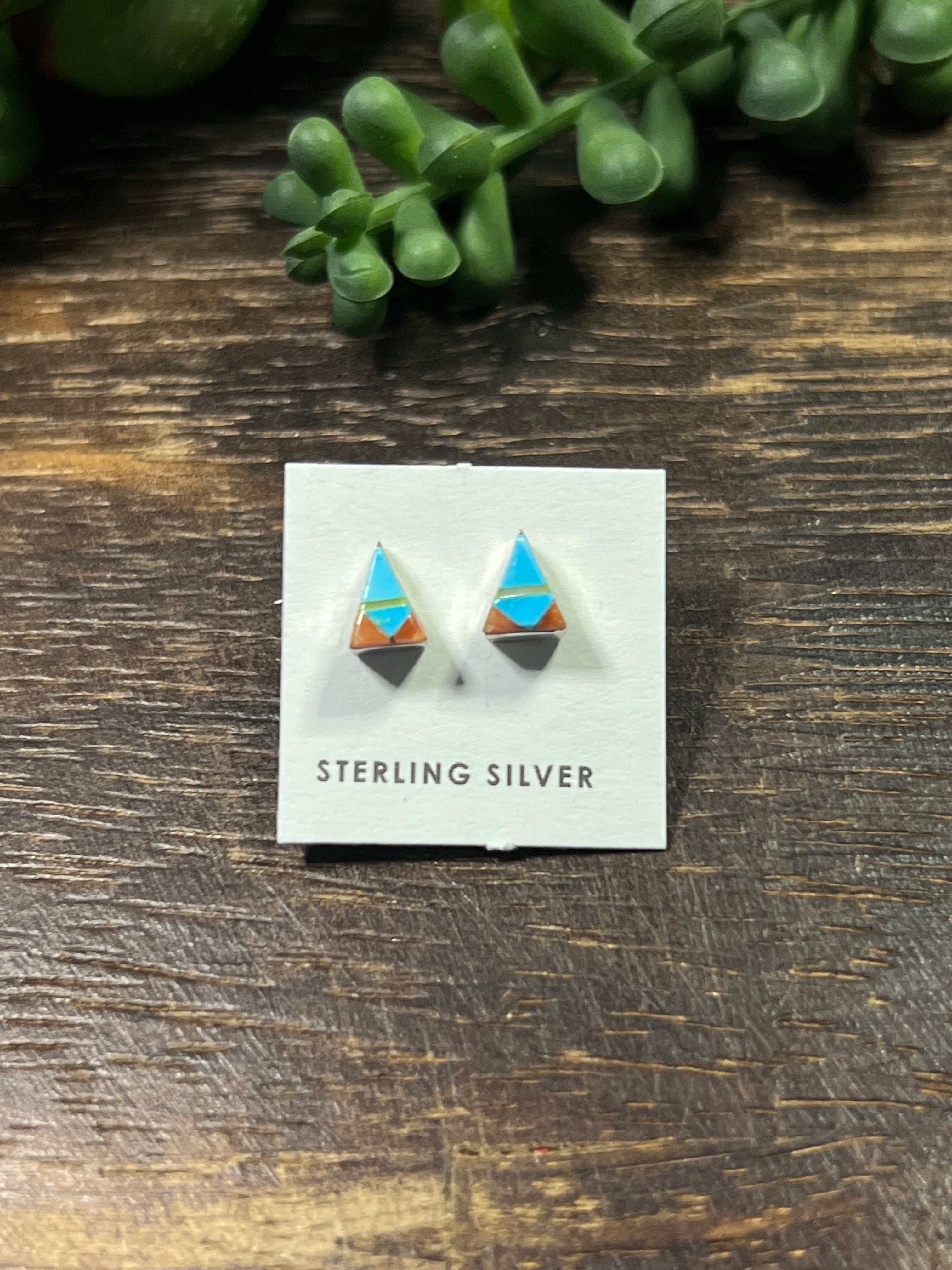 Zuni Made Multi Stone & Sterling Silver Triangle Post Earrings