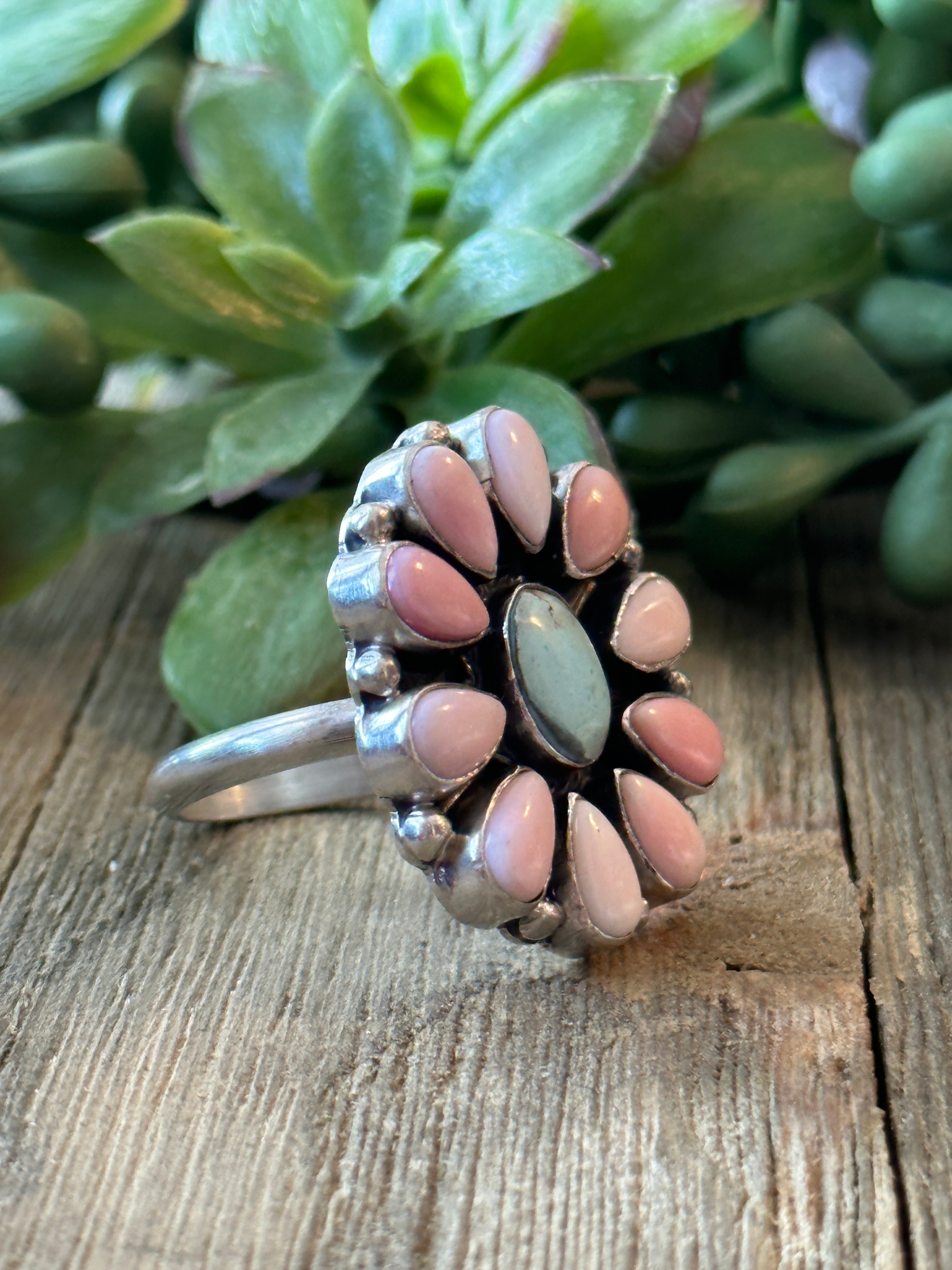 Navajo Made Golden Hill & Pink Conch & Sterling Silver Adjustable Cluster Ring