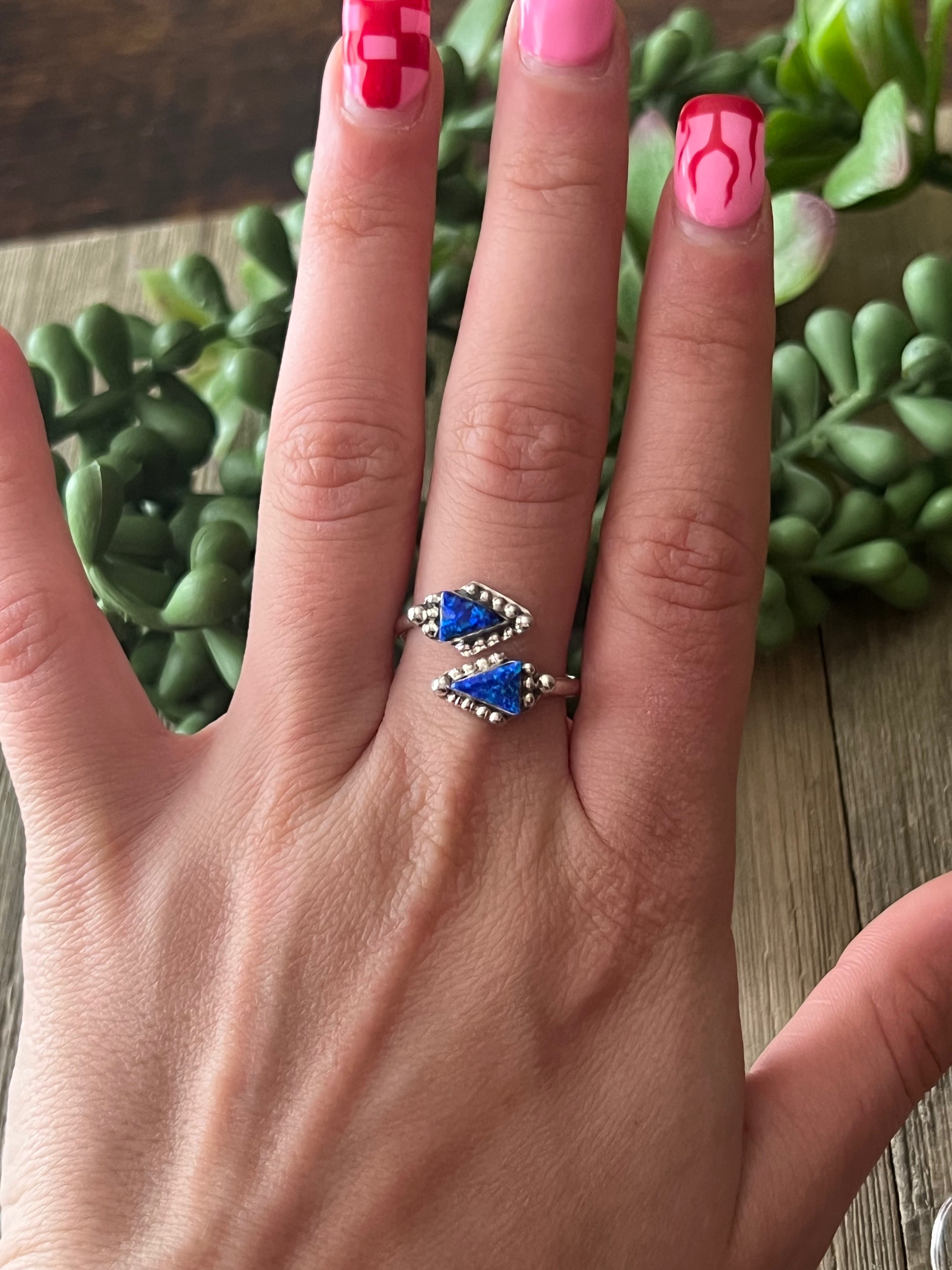 Zuni Made Blue Opal (Man Made) & Sterling Silver Adjustable Ring