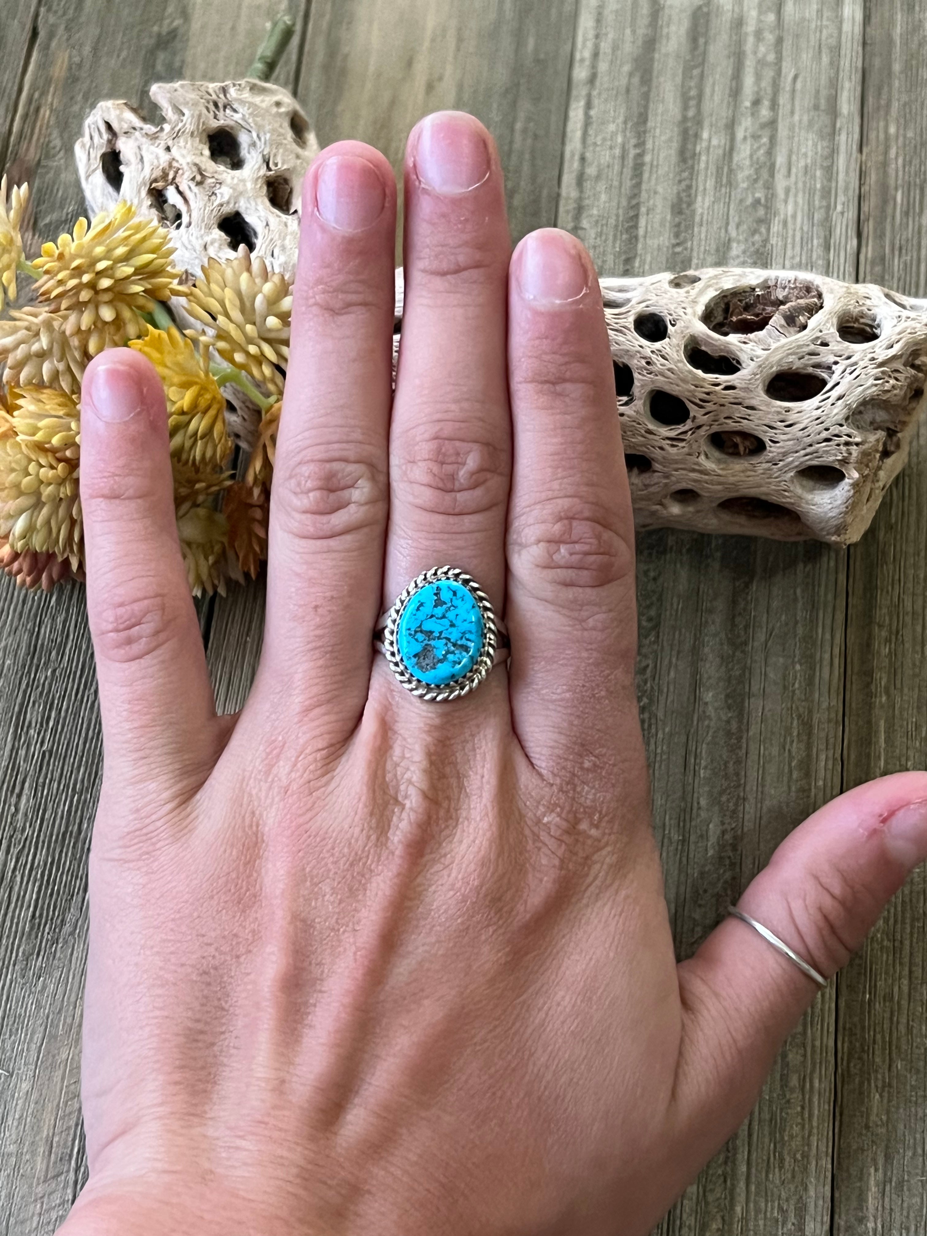 Navajo Made Kingman Turquoise & Sterling Silver Ring Size 7