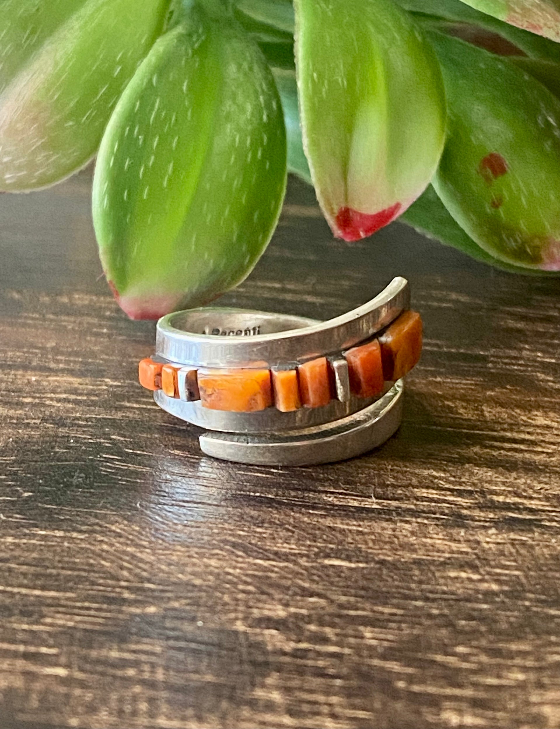 Patricia & Ed Becenti Spiny Oyster & Sterling Silver Cobblestone Adjustable Ring Size 8.5