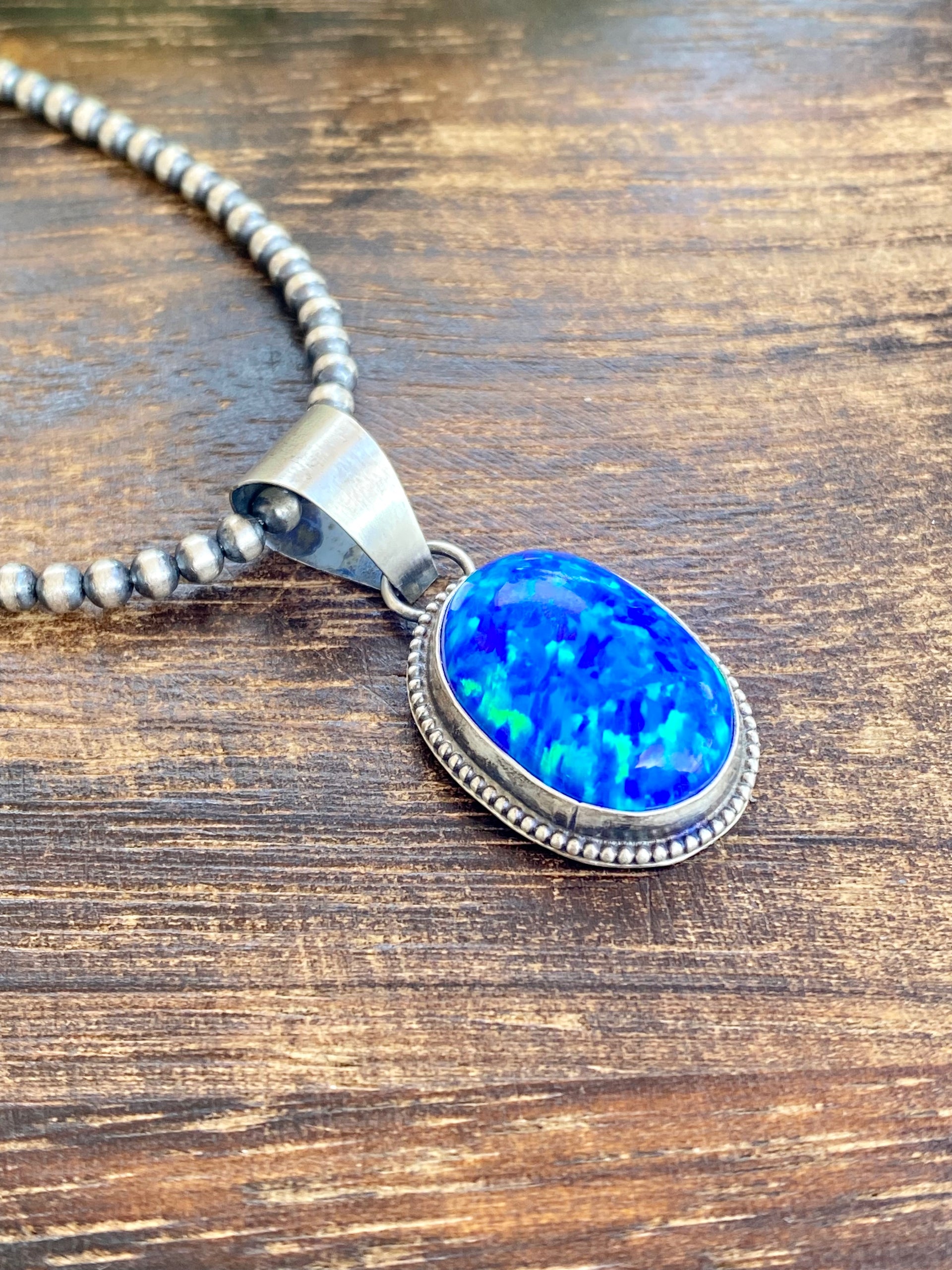 Navajo Made Blue Opal & Sterling Silver Pendant