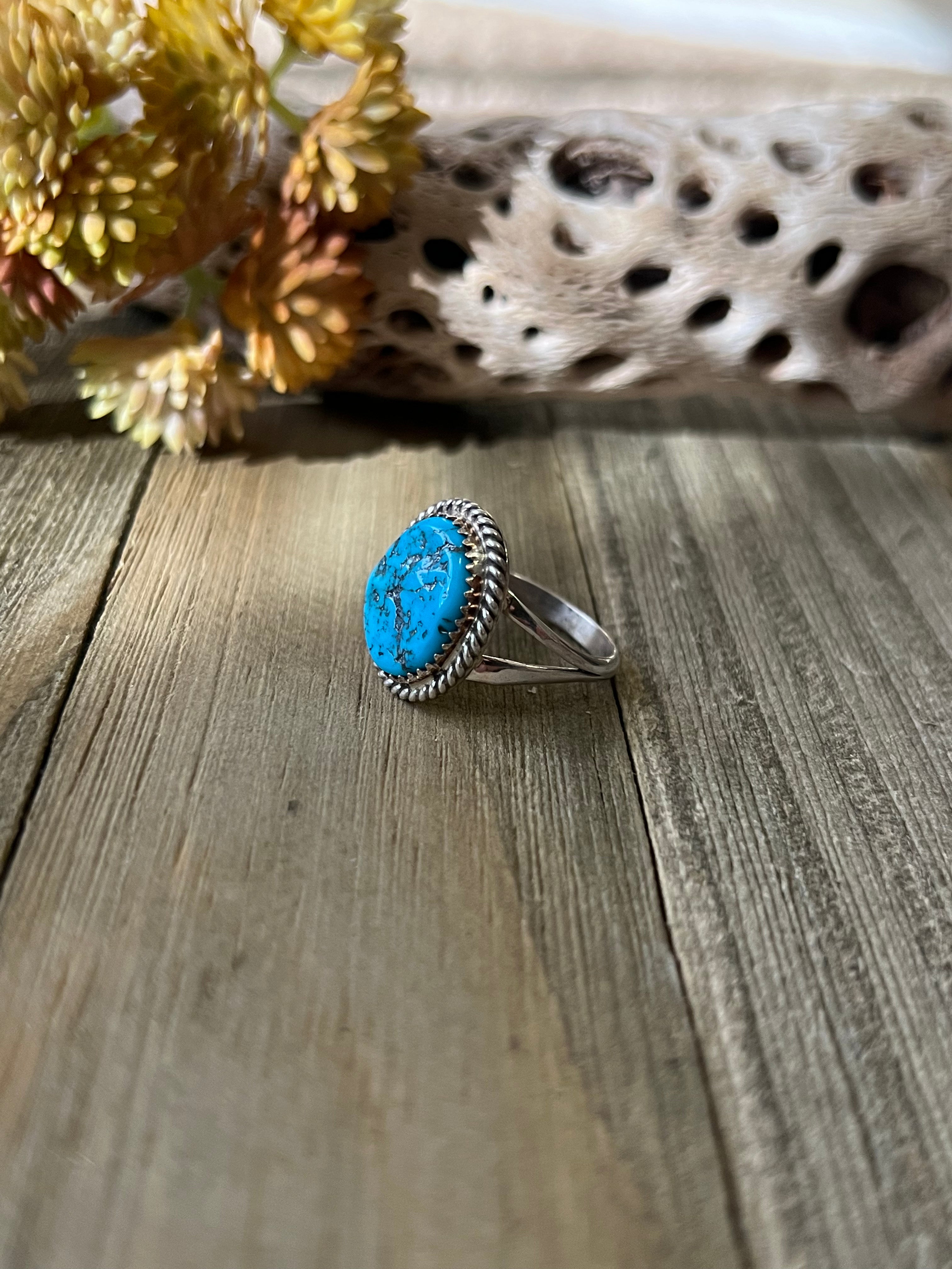 Navajo Made Kingman Turquoise & Sterling Silver Ring Size 9