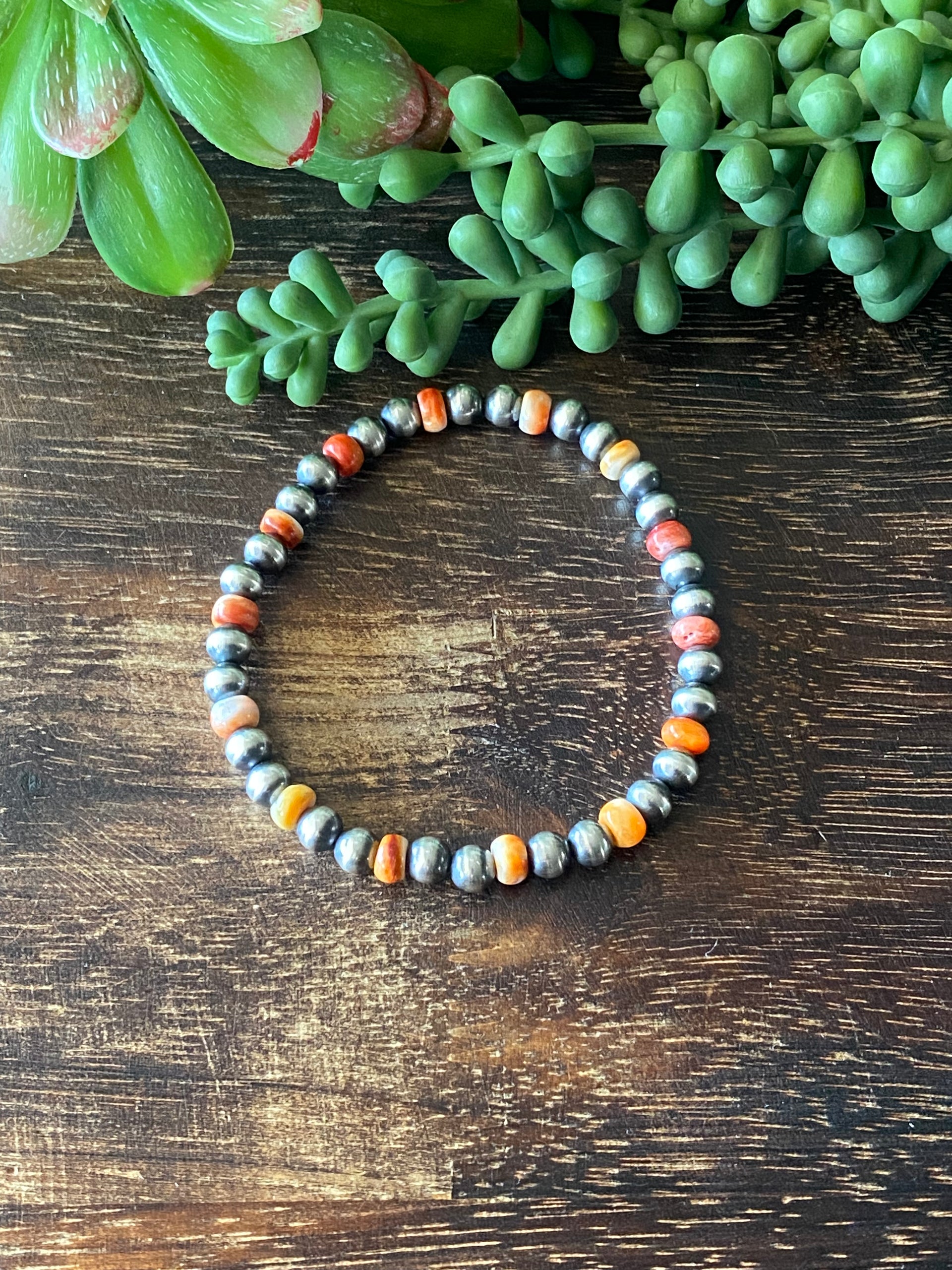 Navajo Strung Spiny Oys & Sterling Silver Pearl Adjustable Bracelets