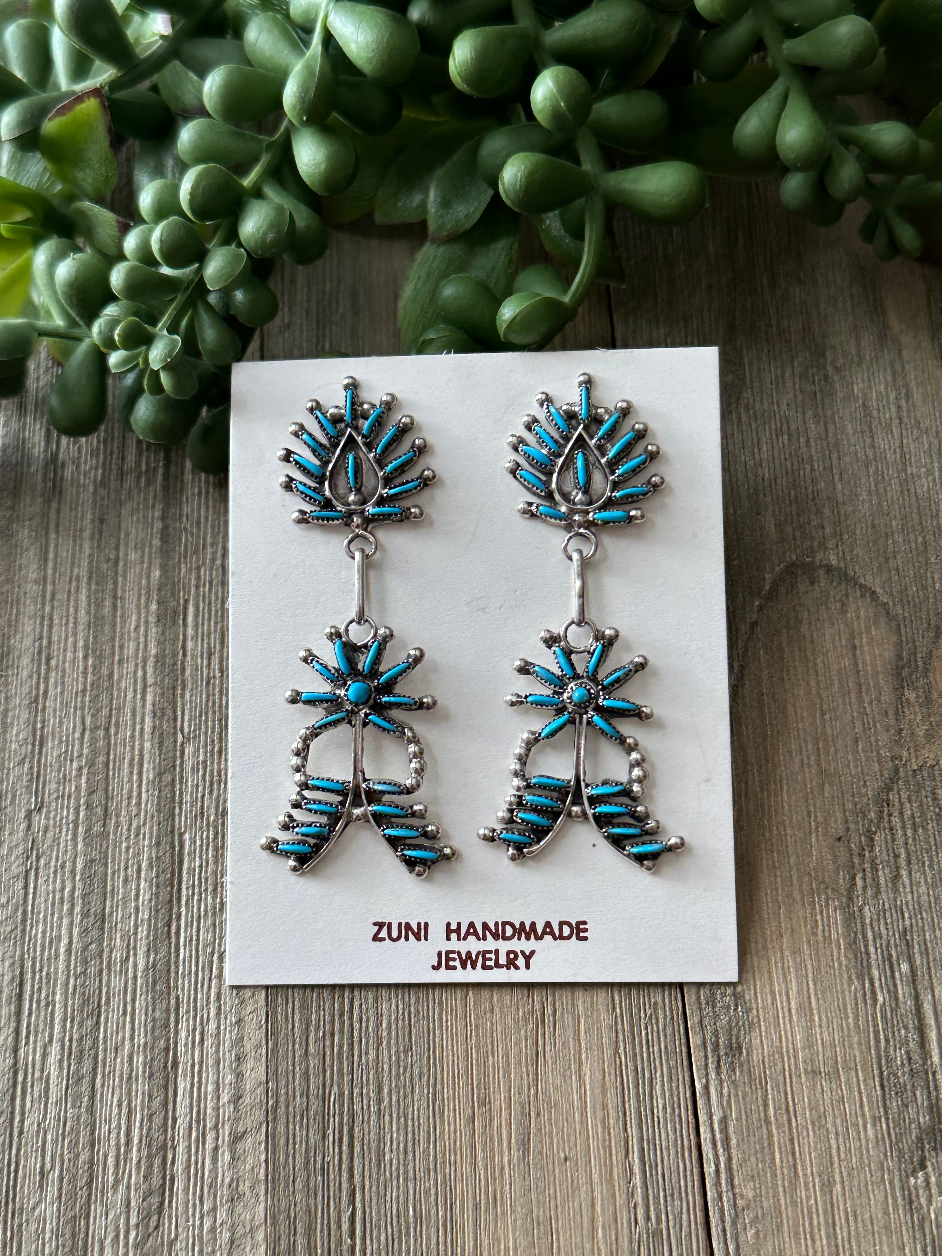 Zuni Made Turquoise & Sterling Silver Post Dangle Earrings
