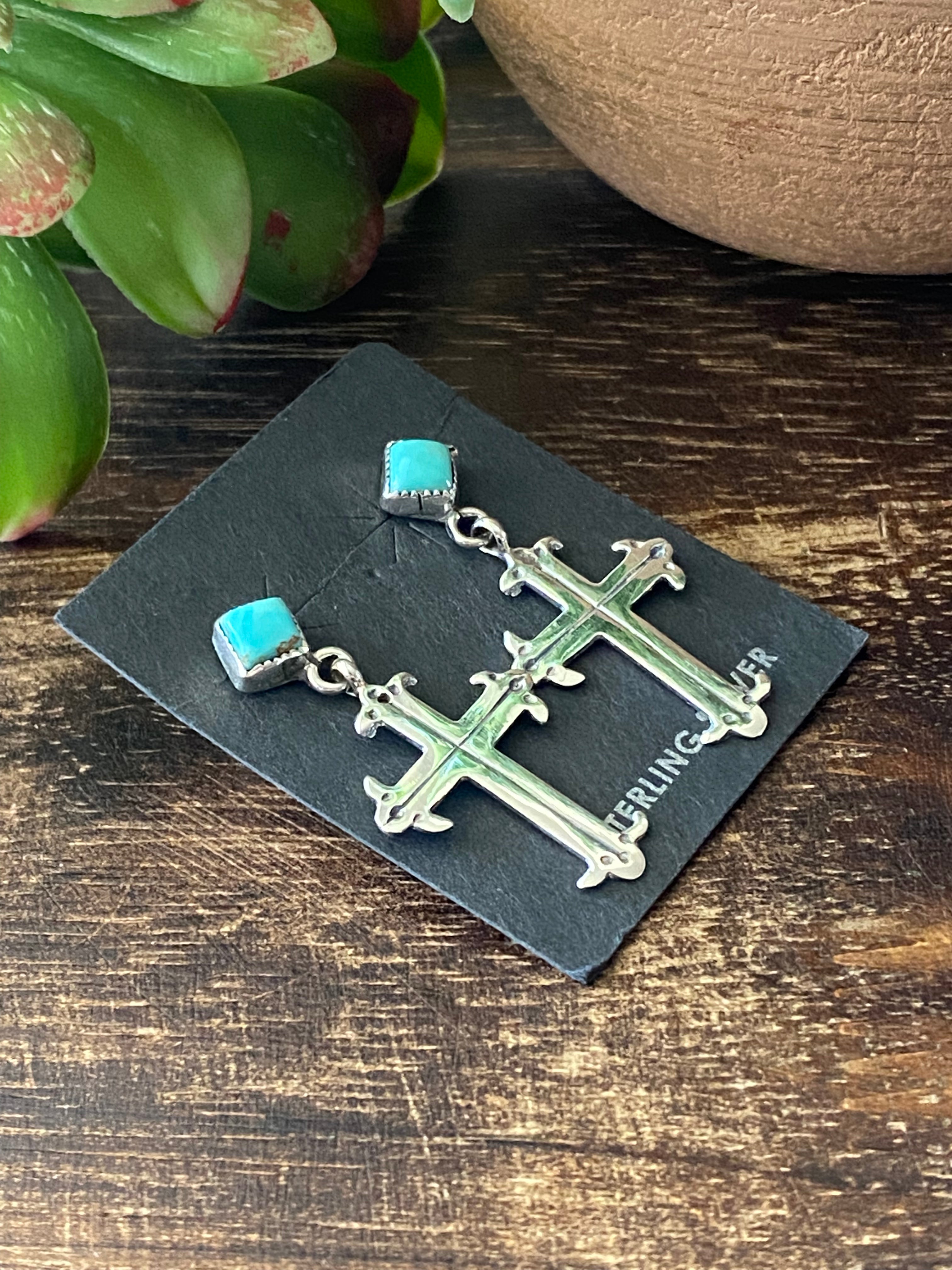 Navajo Made Kingman Turquoise & Sterling Silver Post Dangle Earrings