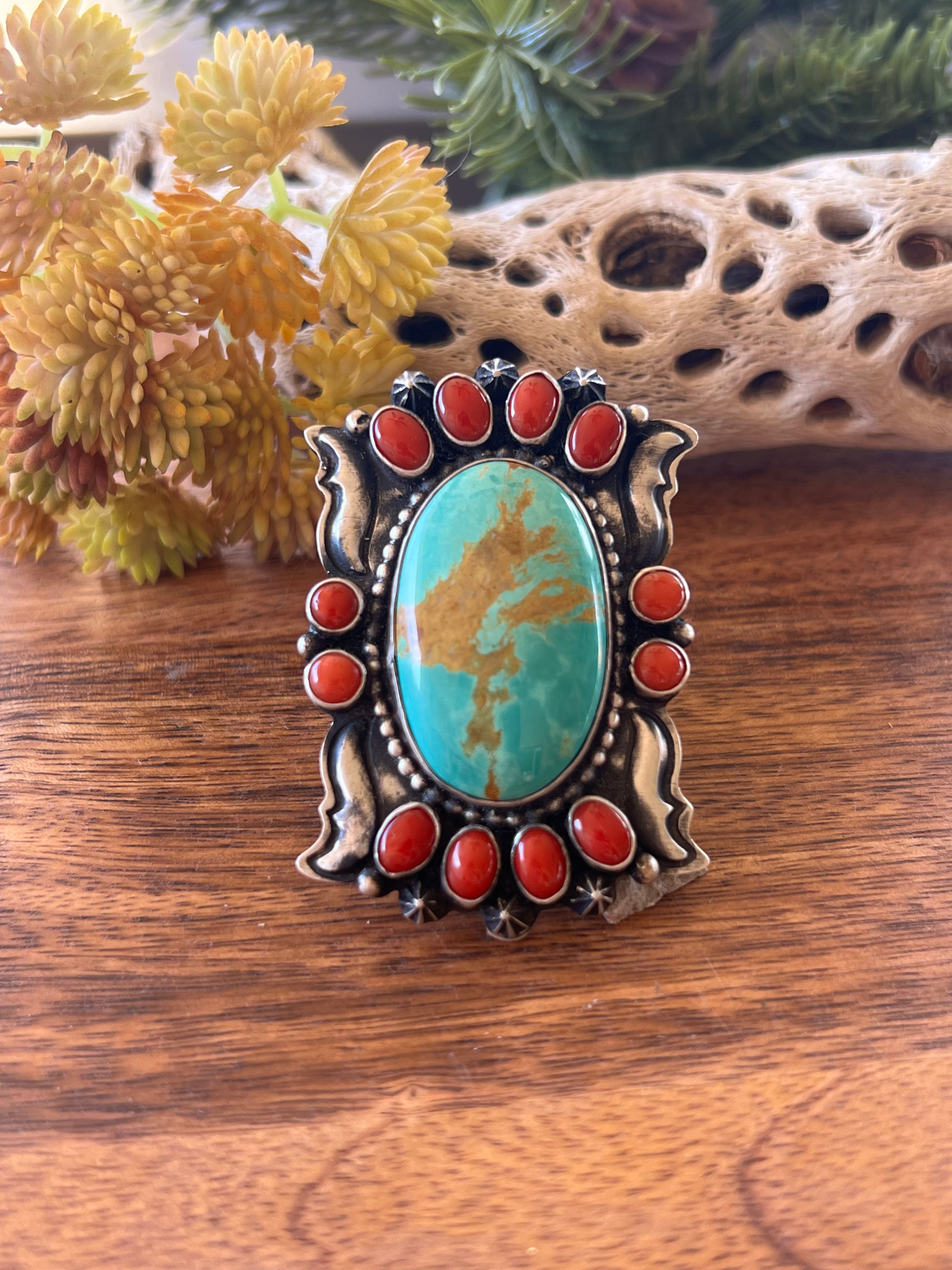 Shawn Cayatineto King Manassa Turquoise & Mediterranean Coral & Sterling Silver Ring Size 6.75