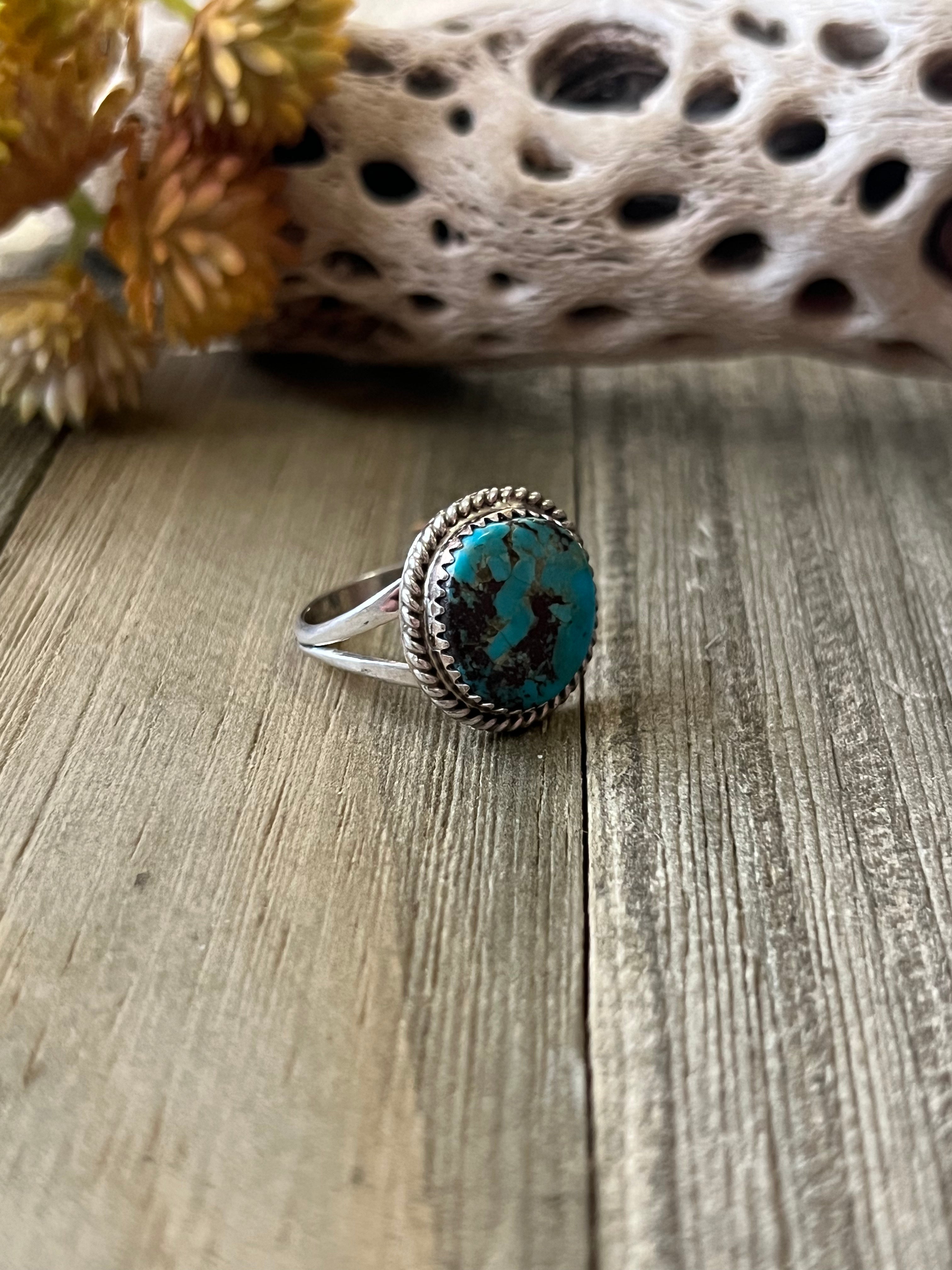 Navajo Made Kingman Turquoise & Sterling Silver Ring Size 8.25