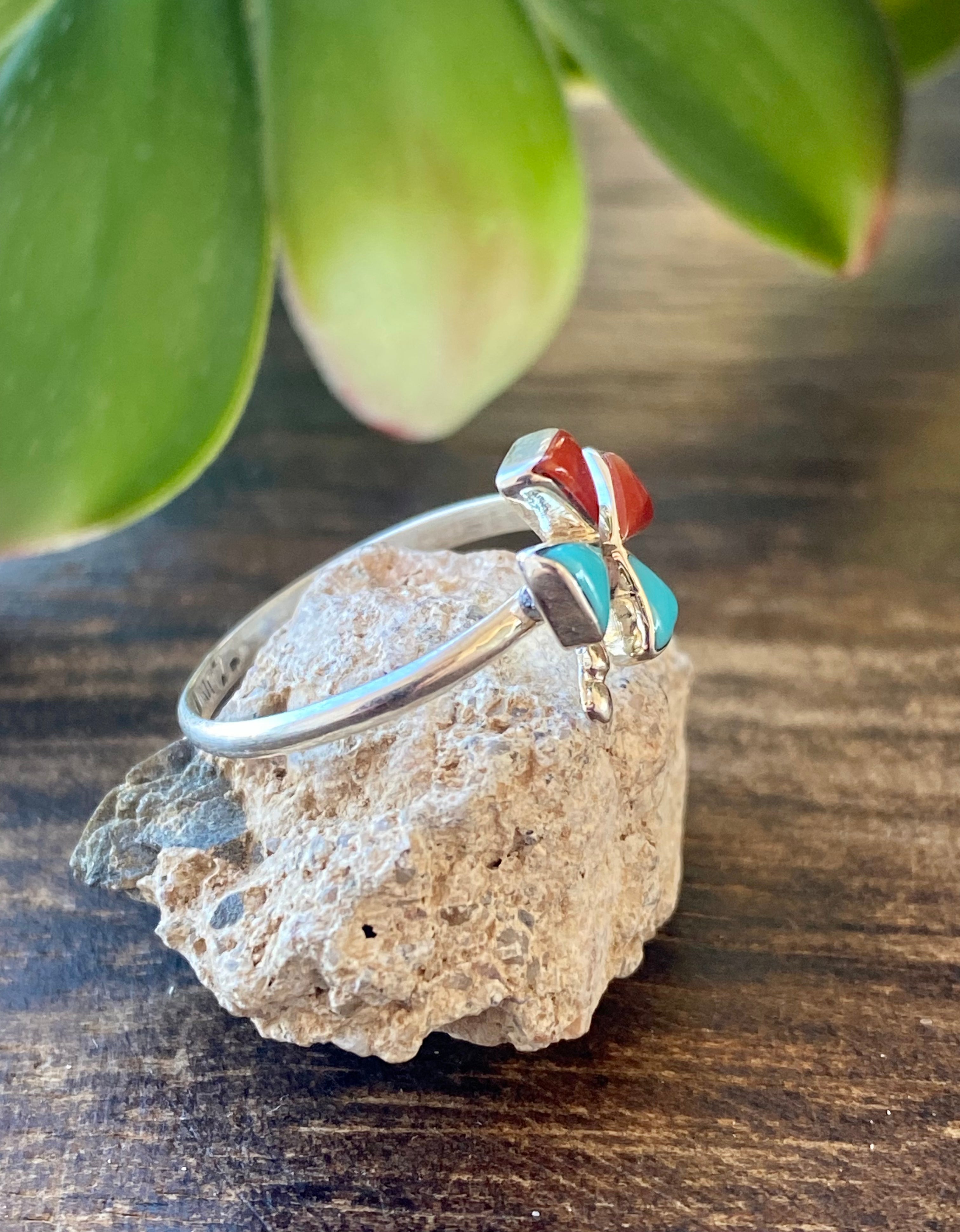 Zuni Made Turquoise & Coral Sterling Silver Dragonfly Ring Size 5.5