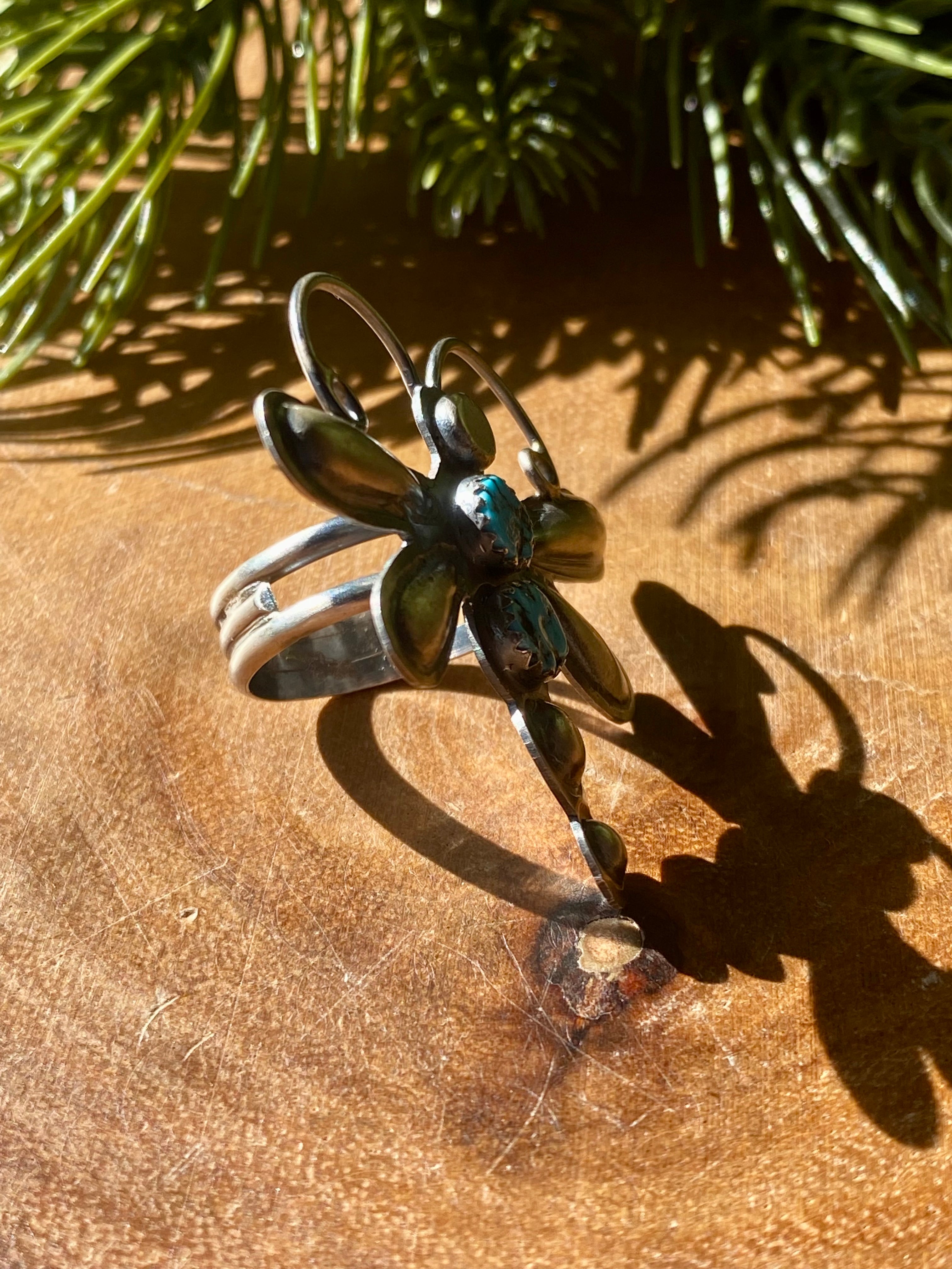 Tim Yazzie Kingman Turquoise & Sterling Silver Dragonfly Ring Size 7