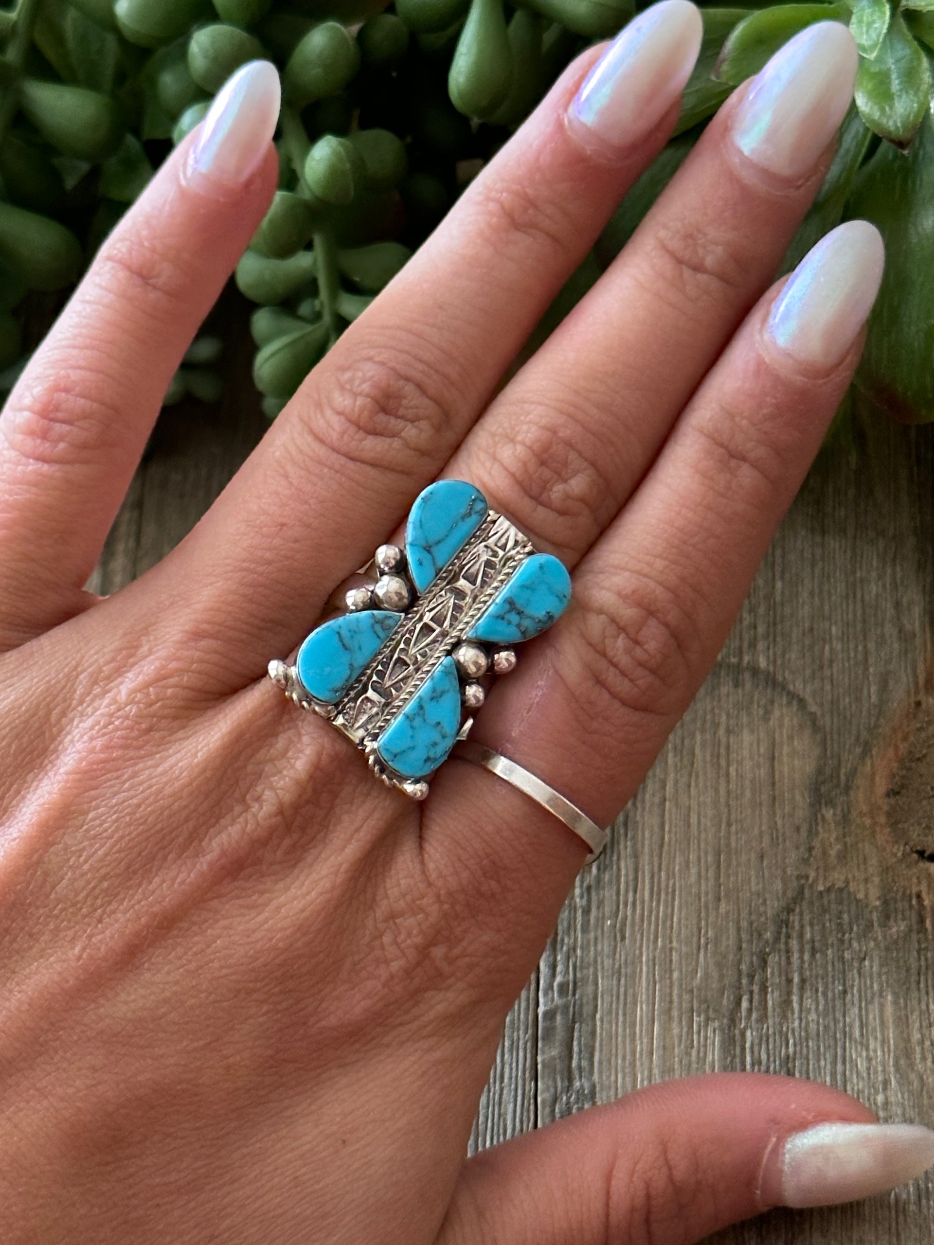 AJ Gilmore Kingman Turquoise & Sterling Silver Inlay Ring Size 9.75