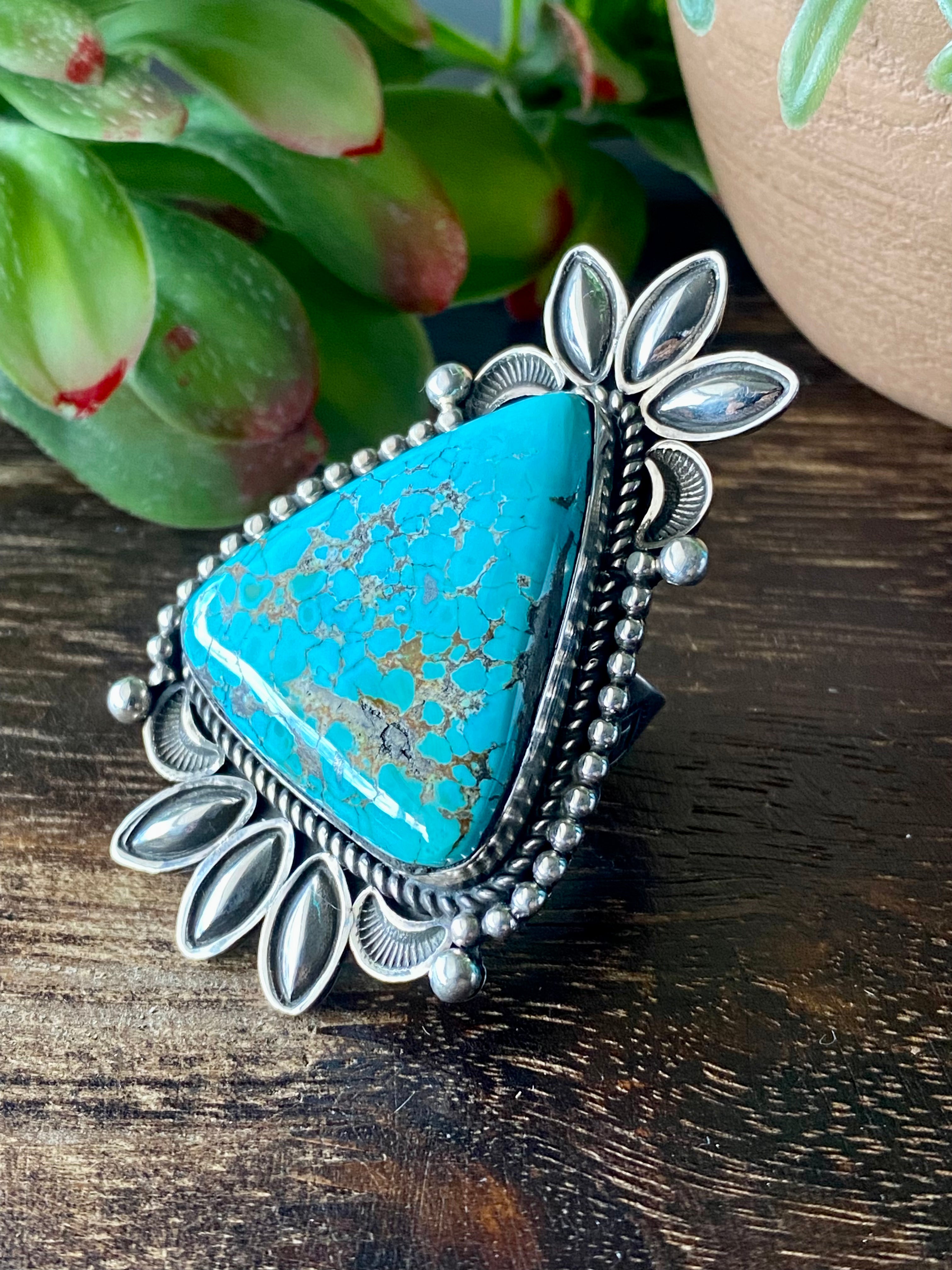 Alex Sanchez Turquoise Mountain & Sterling Silver Adjustable Ring Size 8