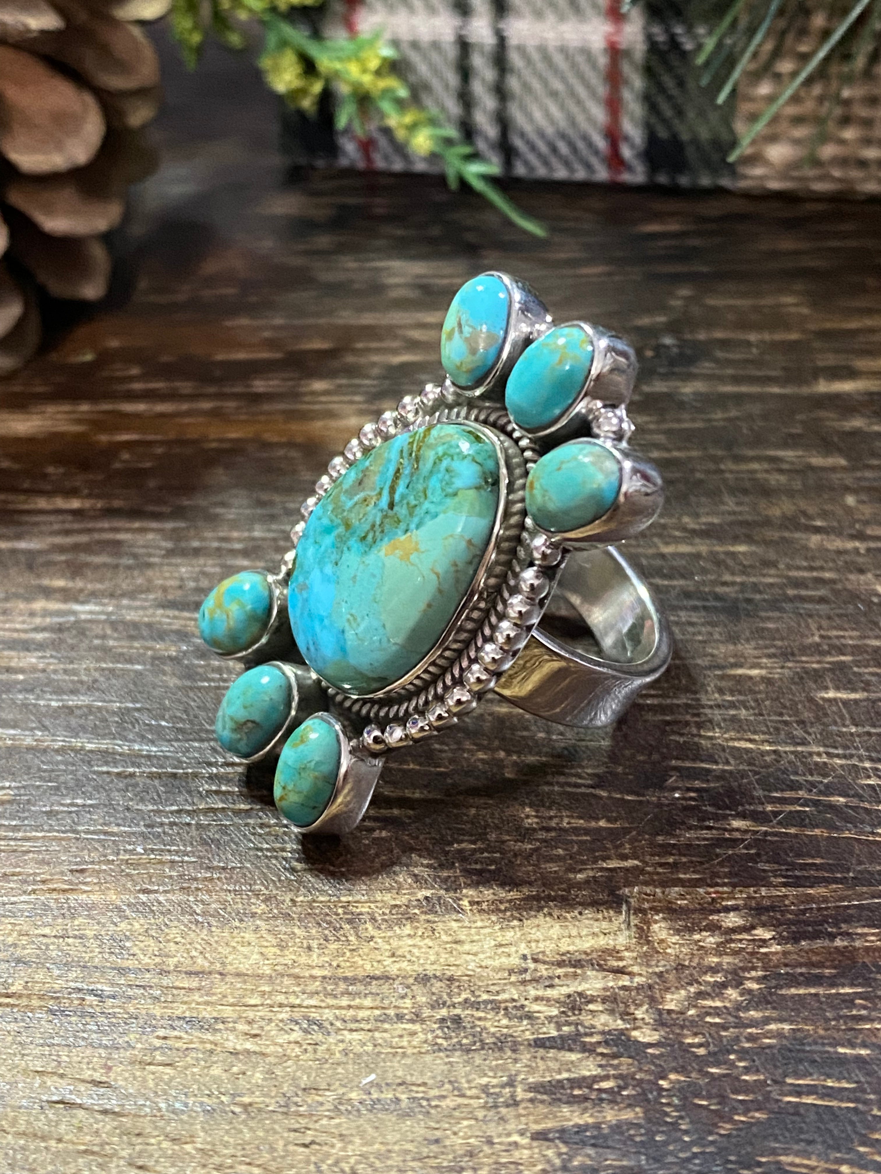 Southwest Handmade Kingman Turquoise & Sterling Silver Adjustable Ring Size 6.5