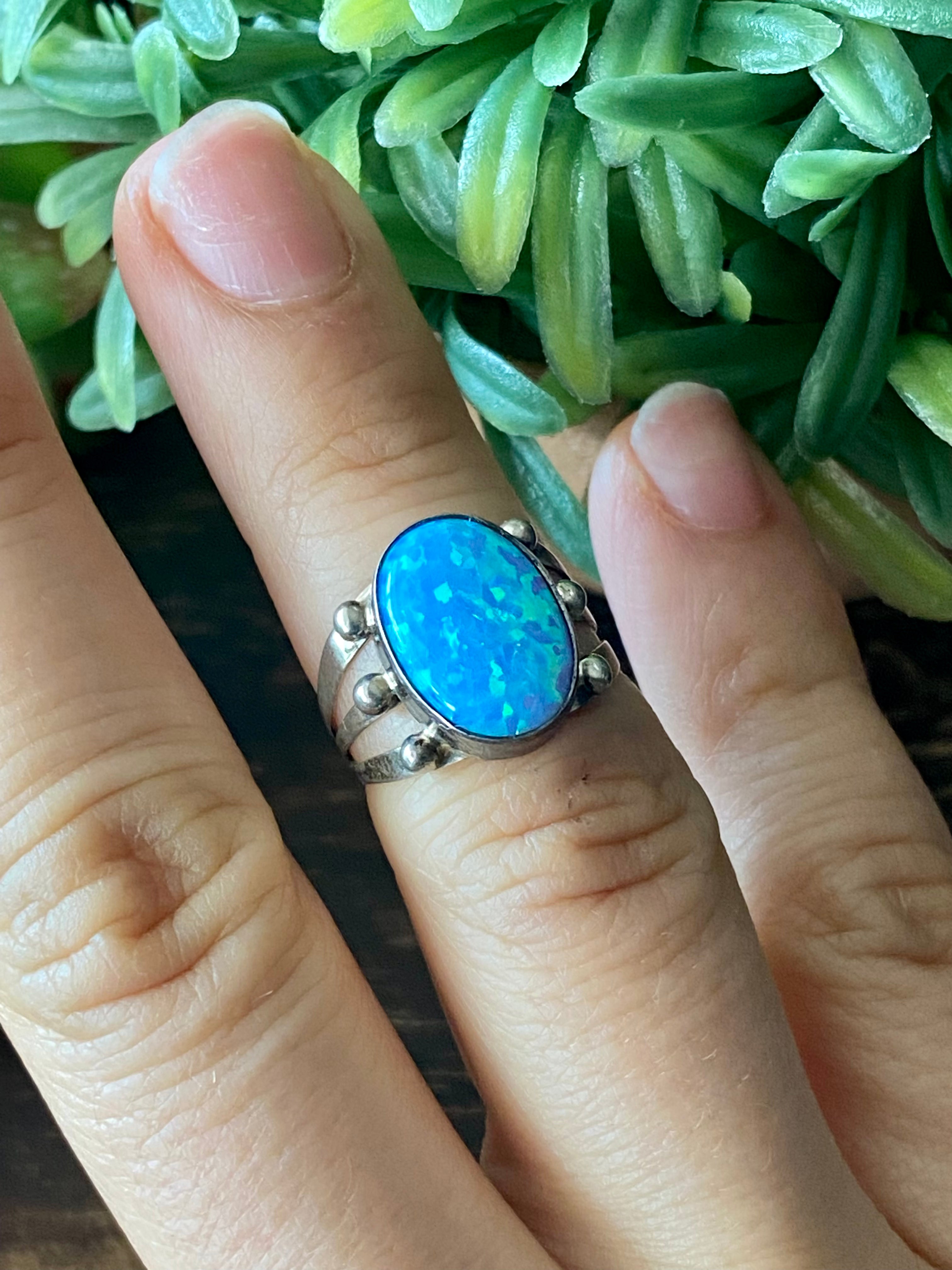 Navajo Made Blue Opal & Sterling Silver Ring Size 5.75