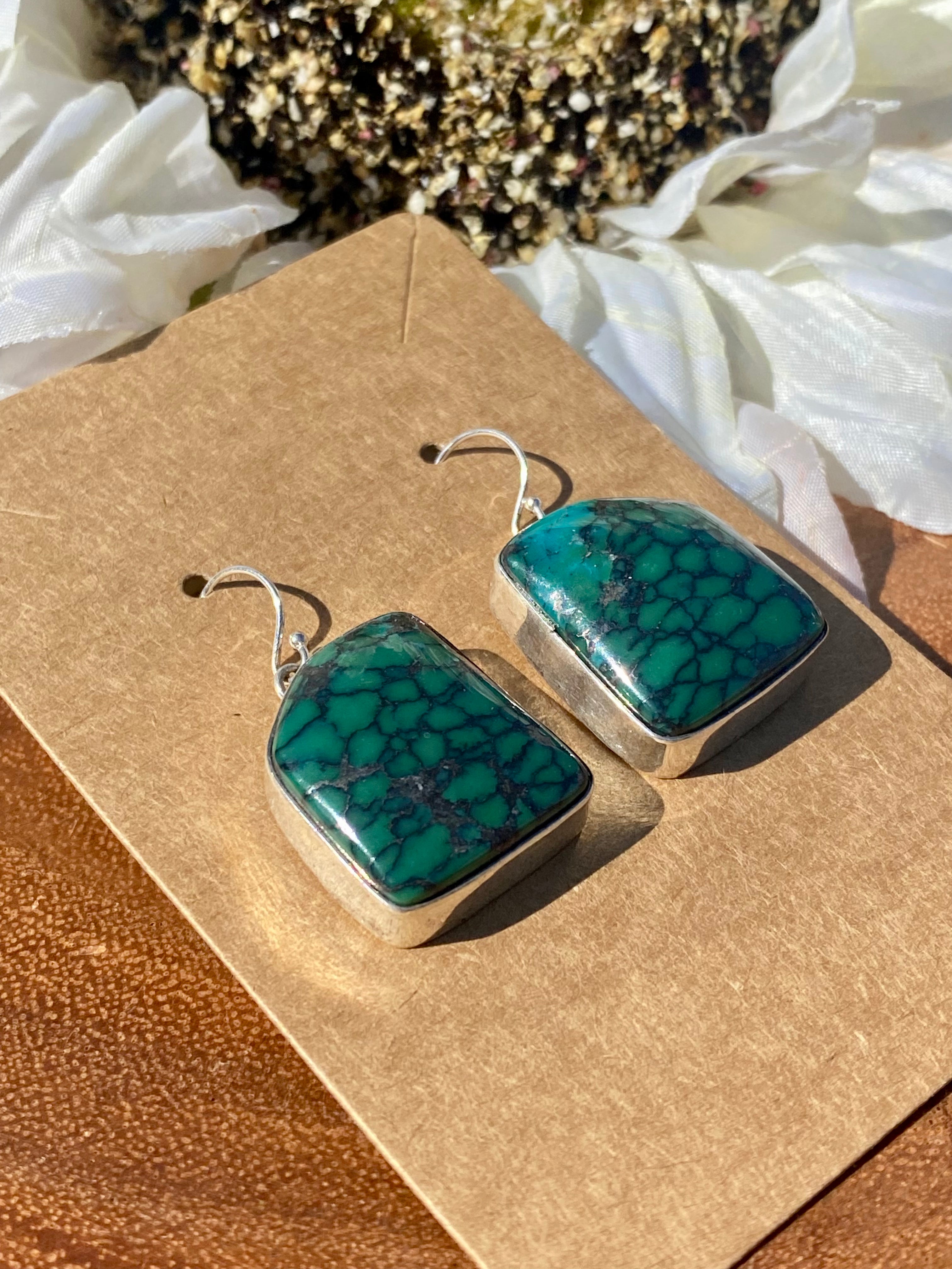 Navajo Made Hubei Turquoise & Sterling Silver Dangle Earrings