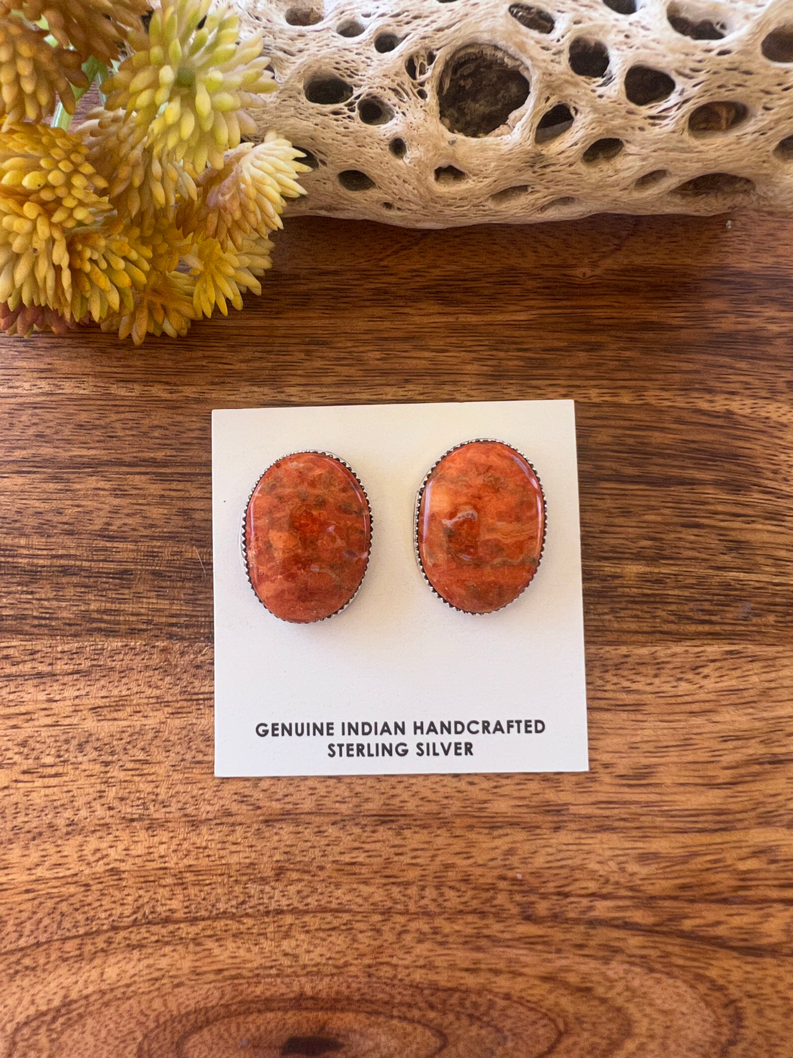 Navajo Made Apple Coral & Sterling Silver Post Earrings