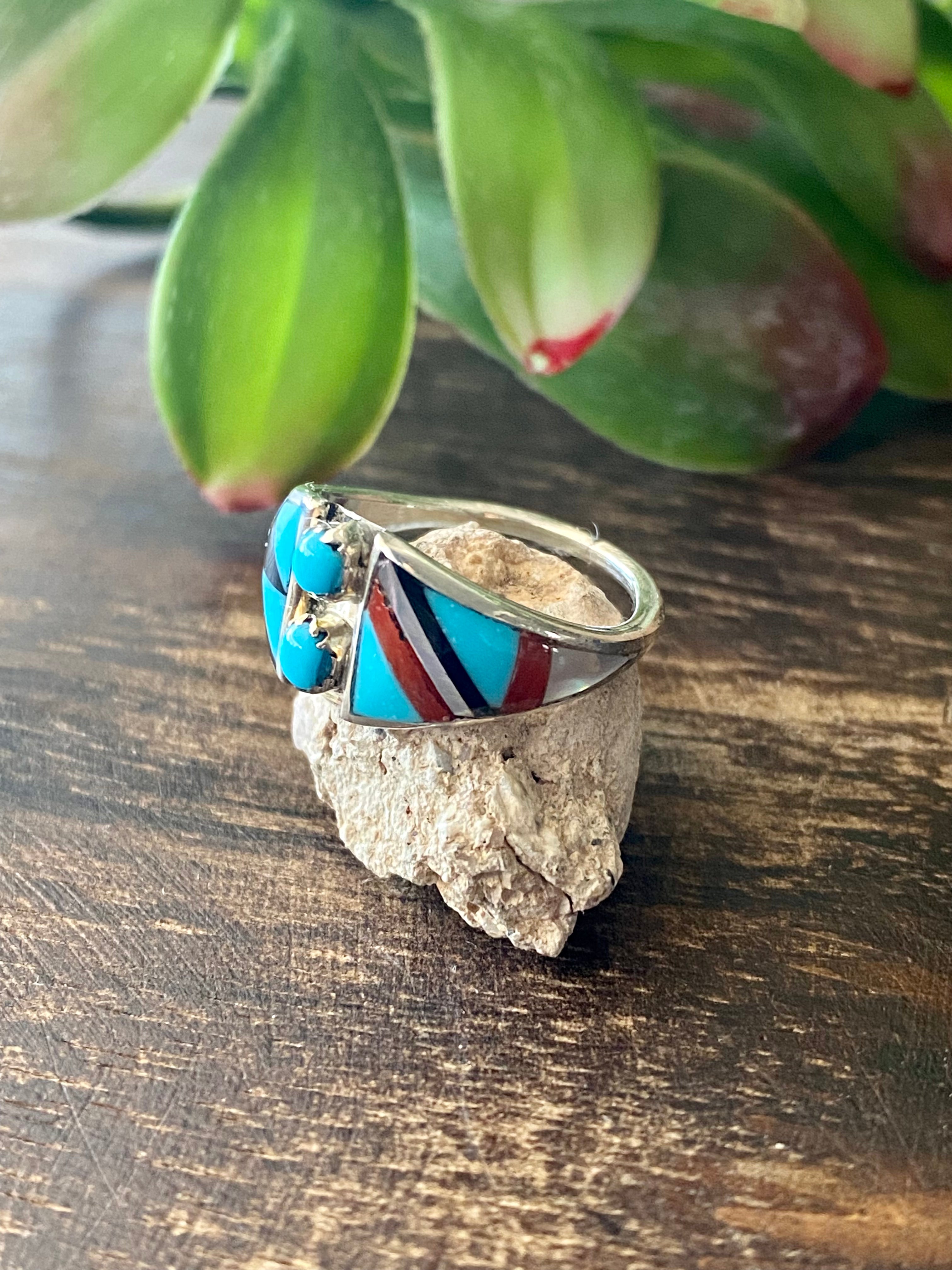 Zuni Made Multi Stone & Sterling Silver Inlay Ring Size 7.5