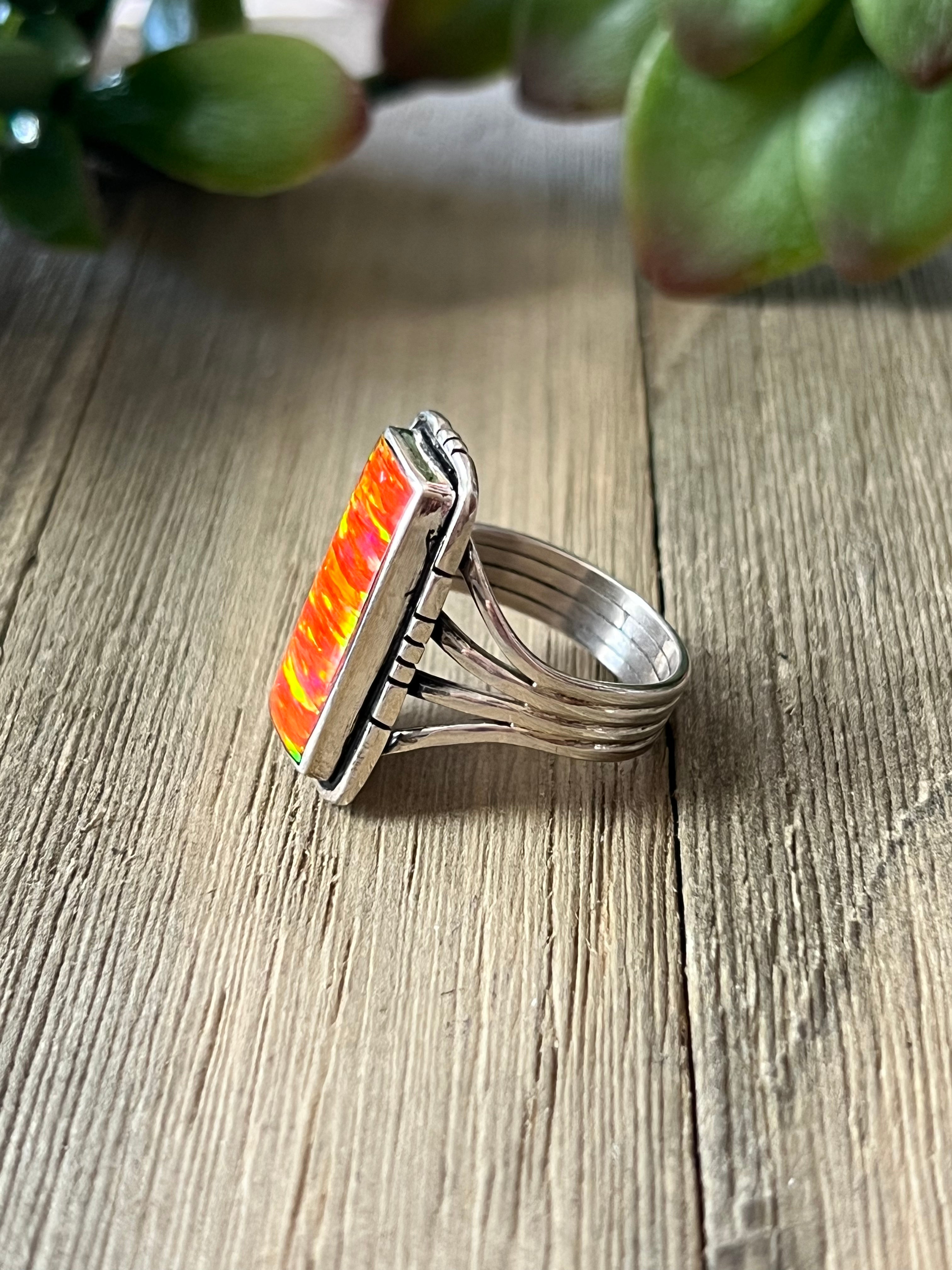 Navajo Made Orange Opal (Man Made) & Sterling Silver Ring