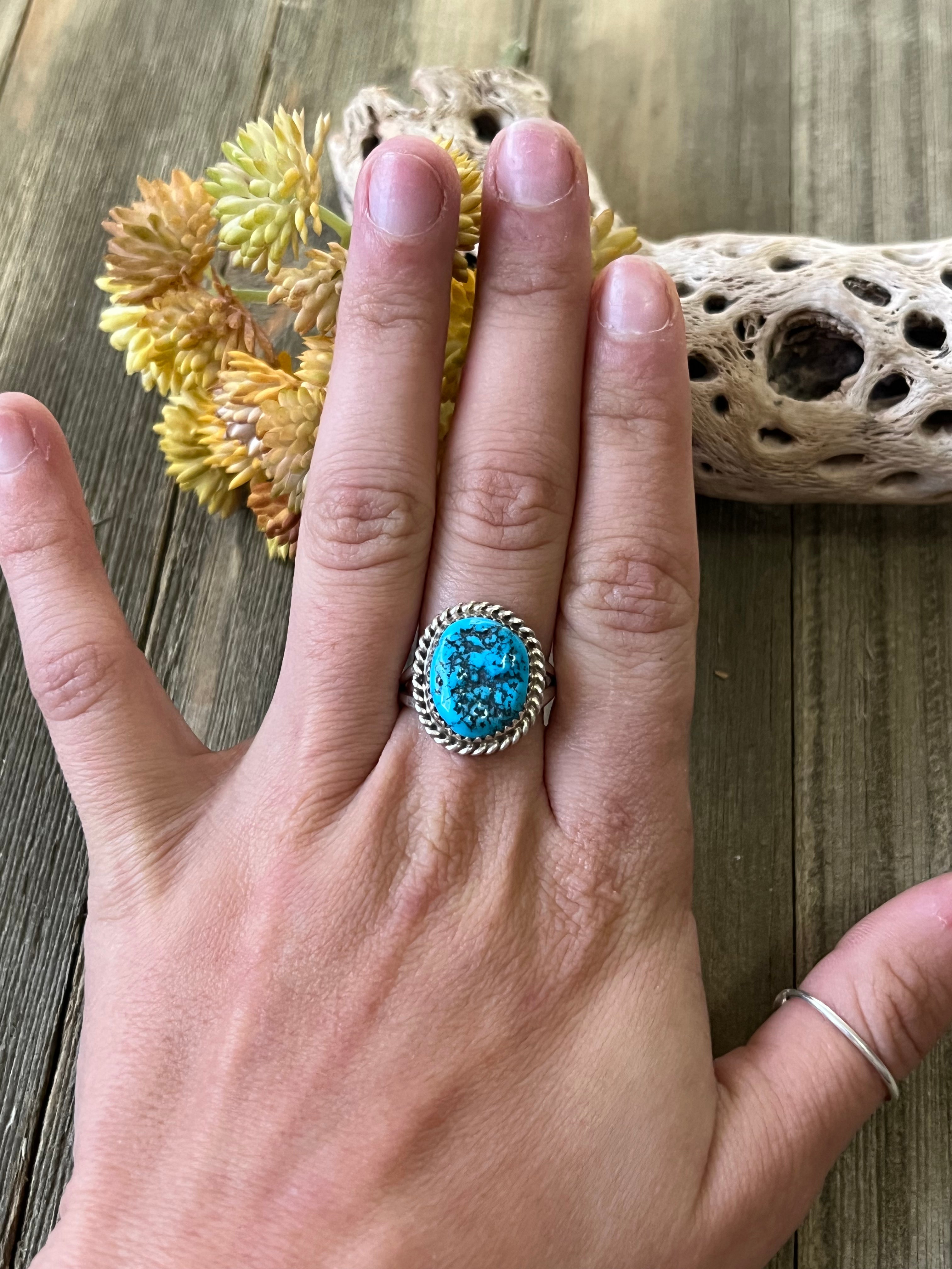 Navajo Made Kingman Turquoise & Sterling Silver Ring Size 8.5