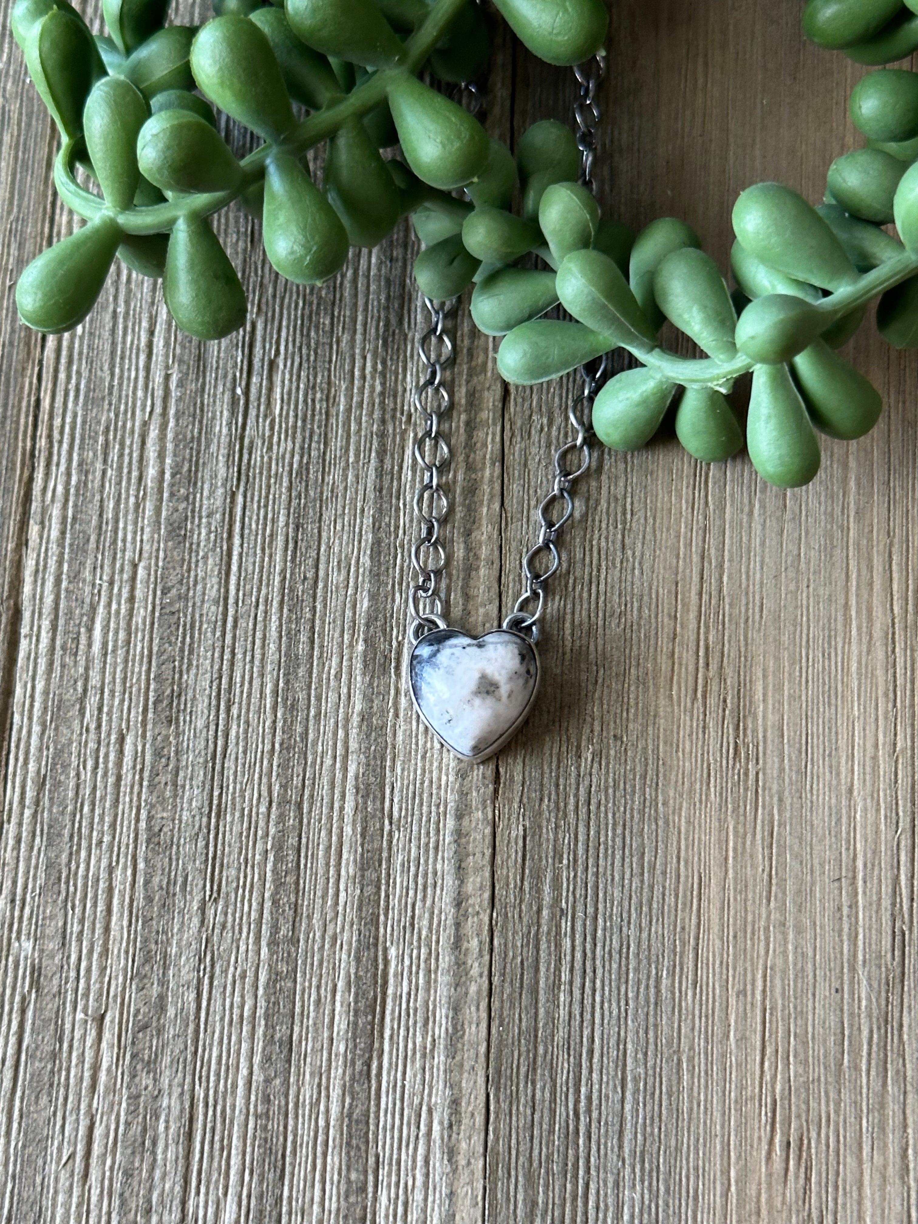 Navajo Made White Buffalo & Sterling Silver Heart Necklace