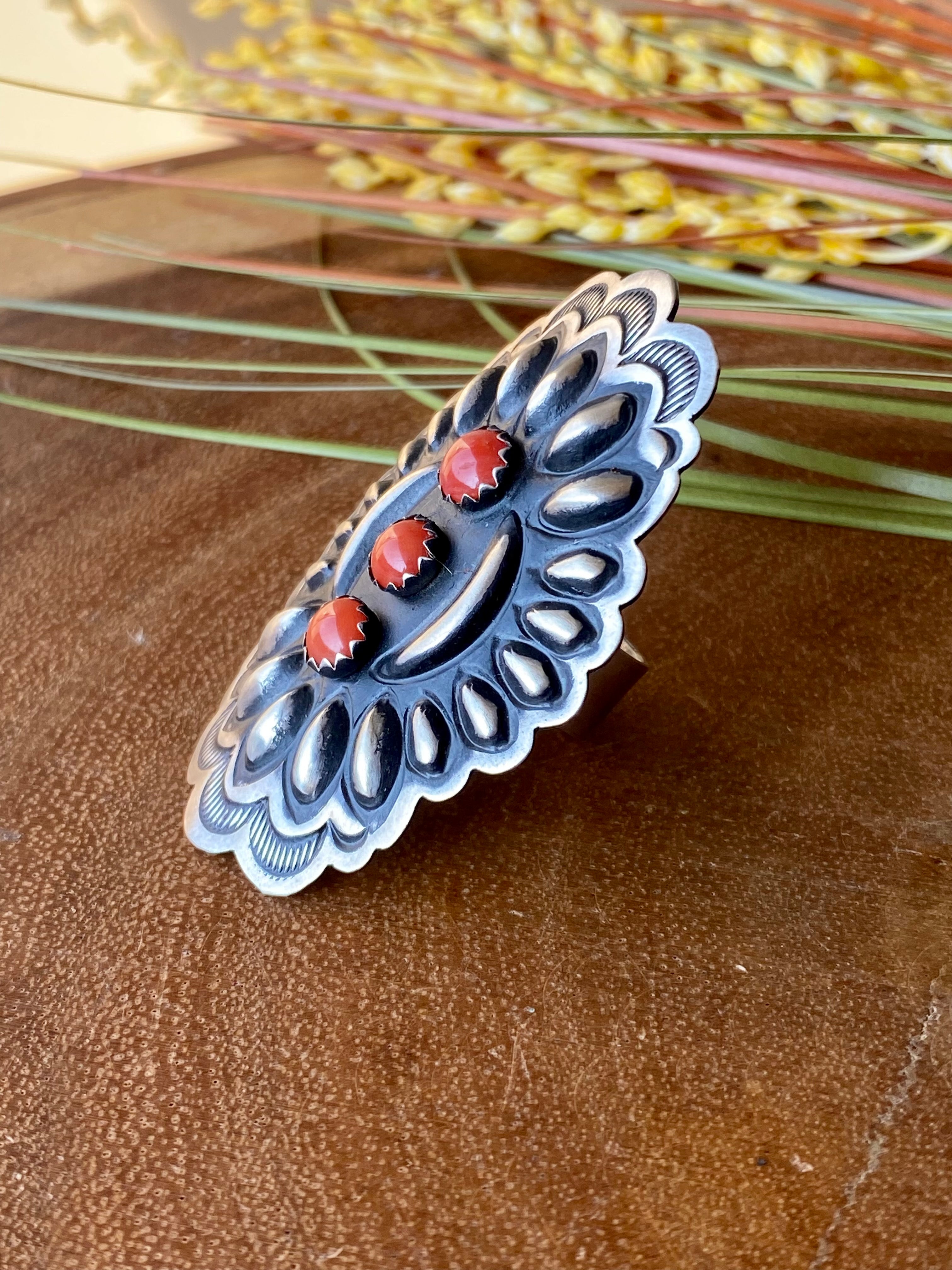 Leander Tahe Coral & Sterling Silver Concho Adjustable Ring Size 8