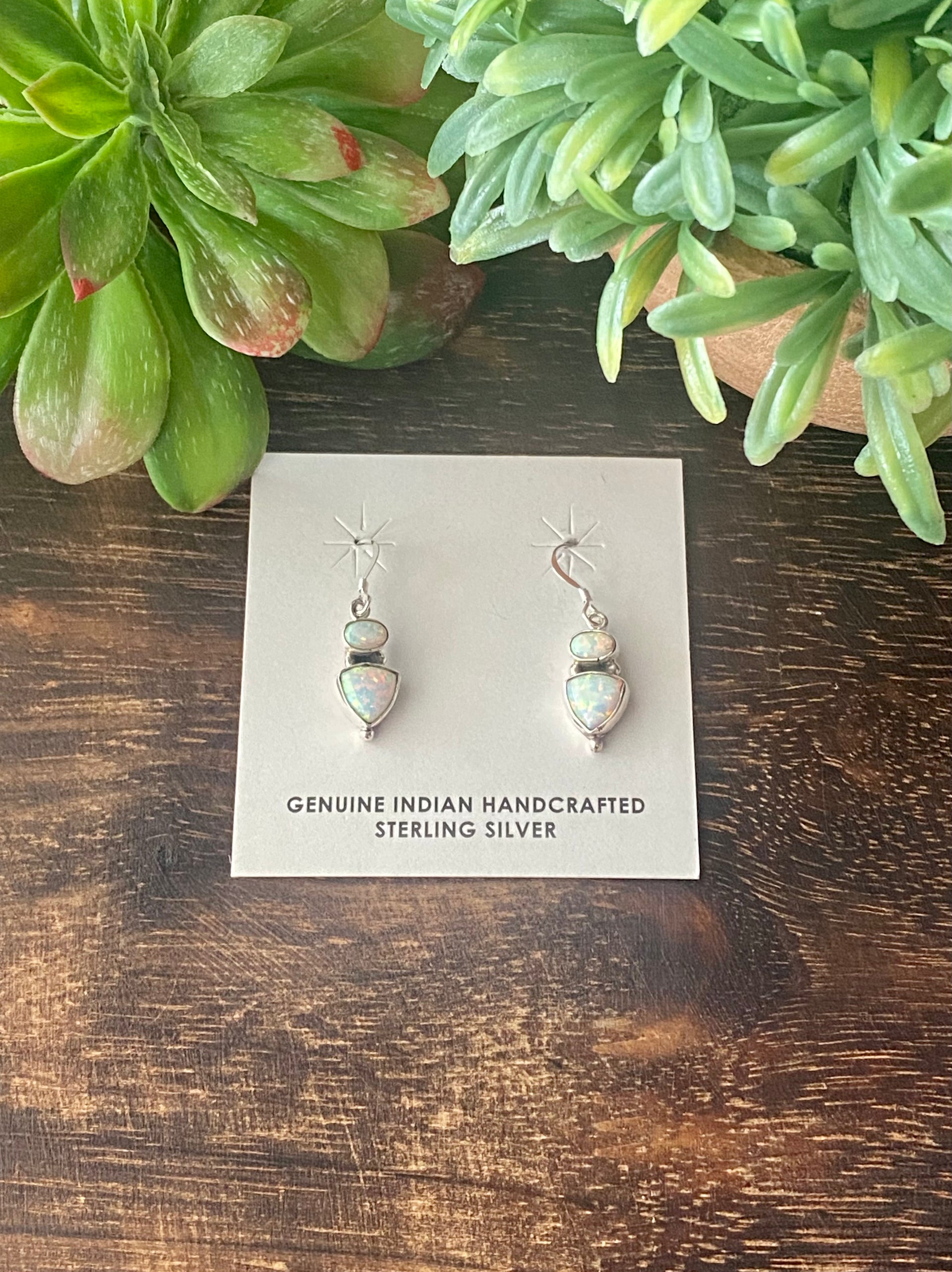 Navajo Made White Opal & Sterling Silver Dangle Earrings