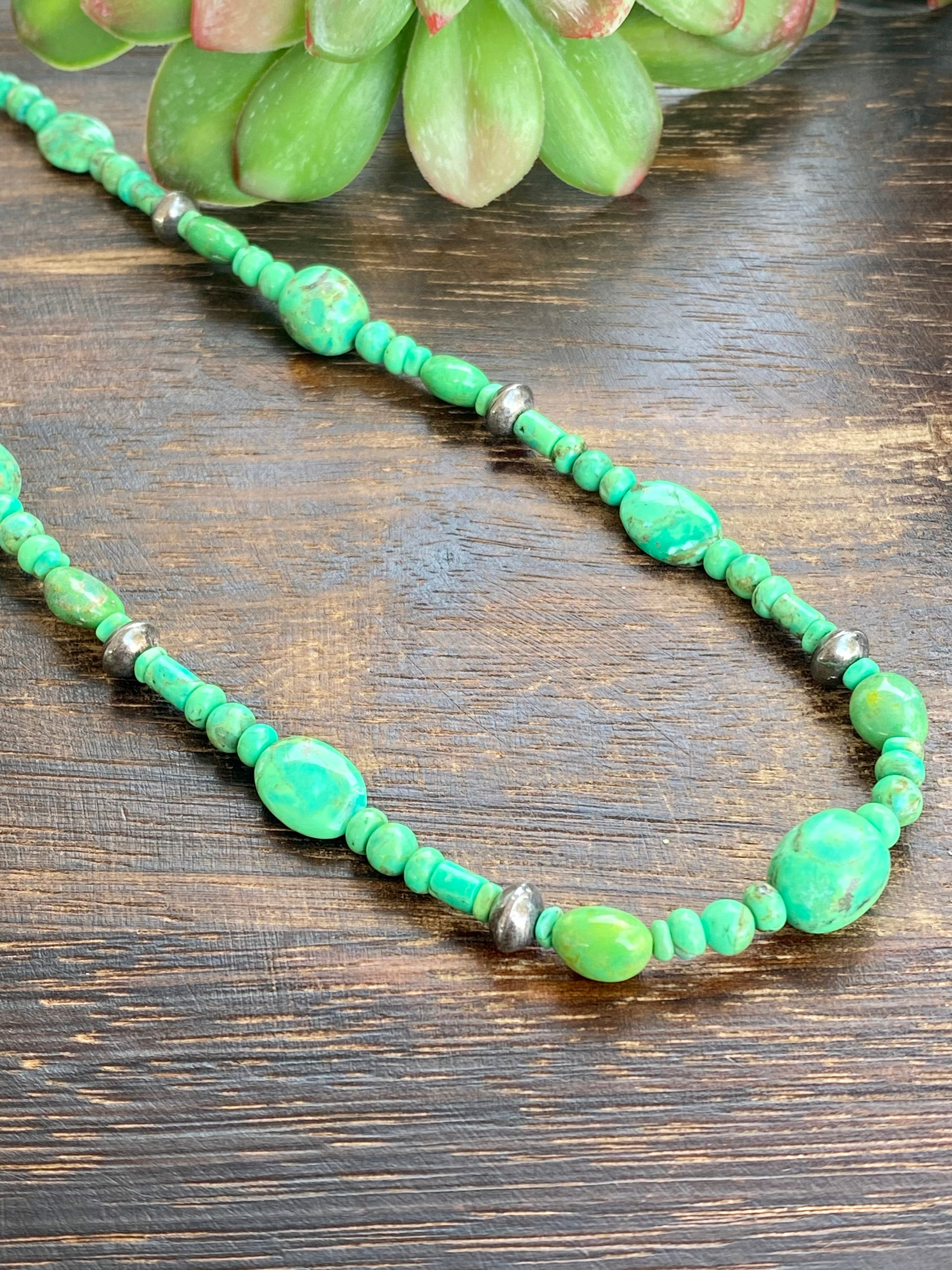 Navajo Made Green Mohave Turquoise & Sterling Silver Pearl Beaded Necklace